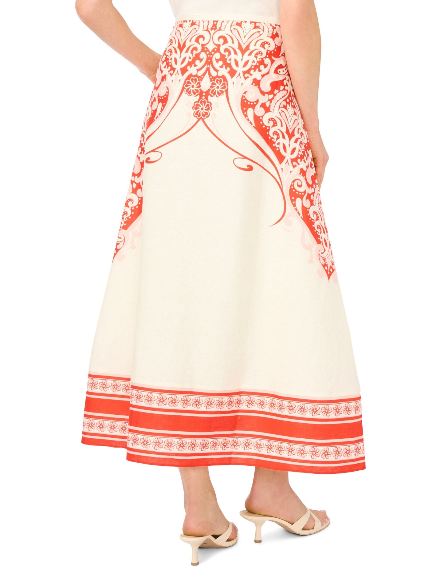 Ted Baker CARMEN Printed Detail Linen A-Line Midi Skirt ECRU