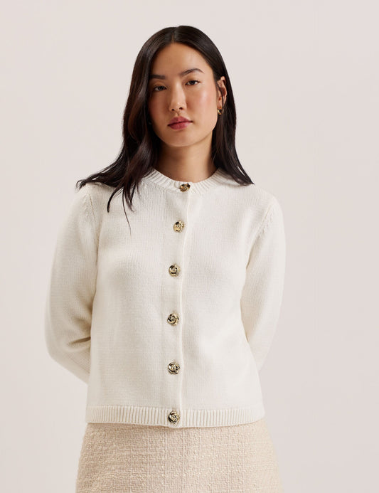 Ted Baker JAYCEY - Rose Button Knitted Crew Neck Cardigan IVORY