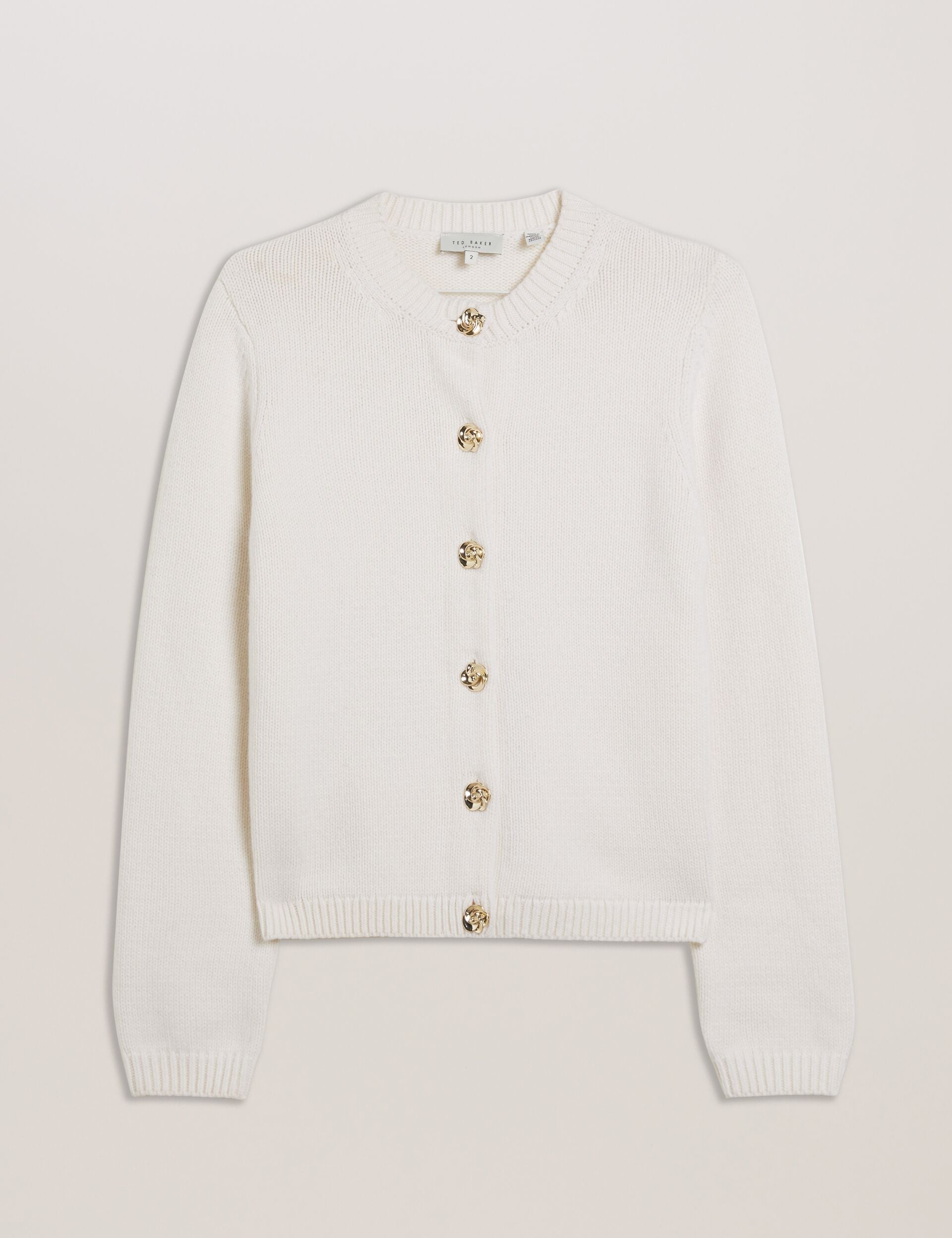 Ted Baker JAYCEY - Rose Button Knitted Crew Neck Cardigan IVORY