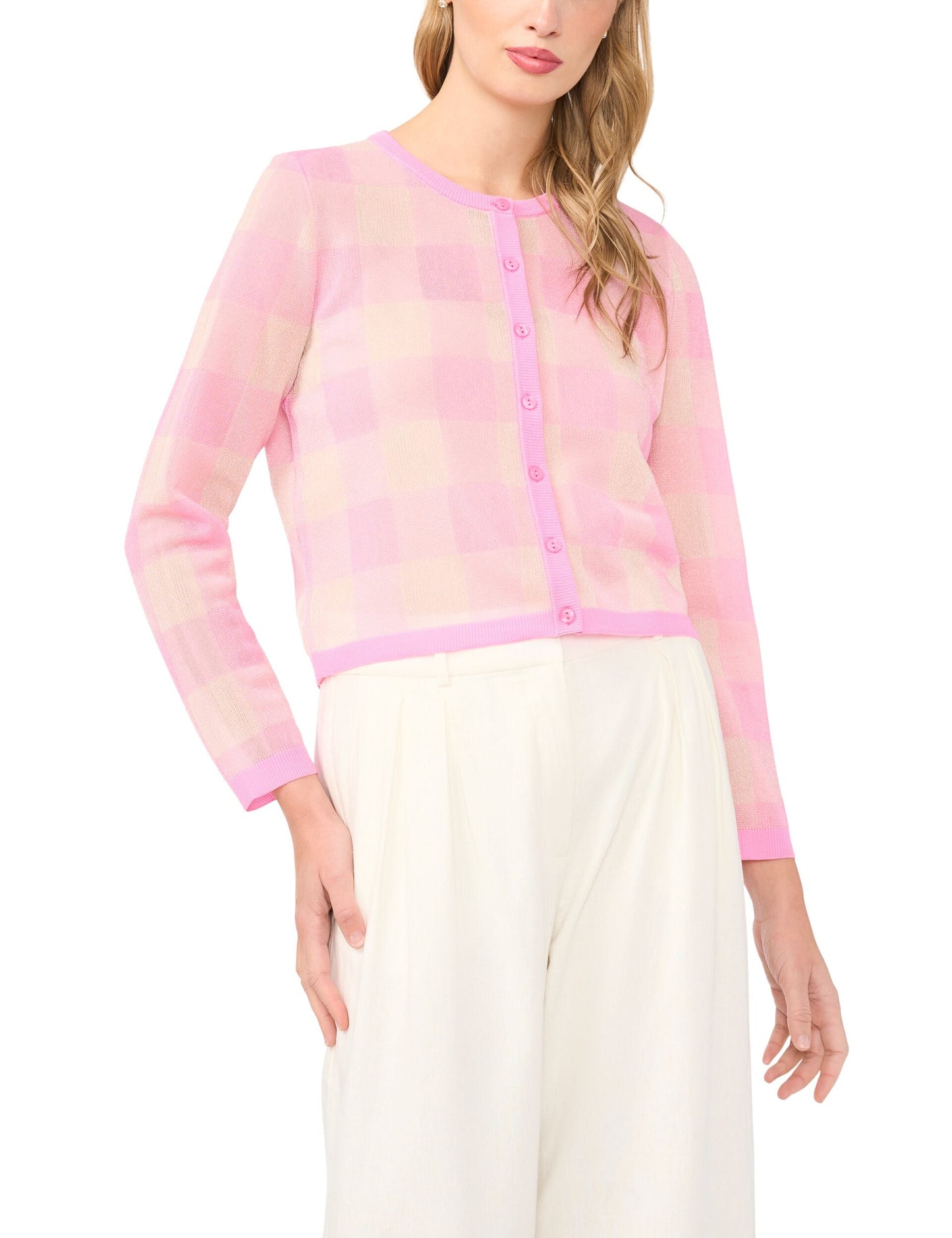 Ted Baker GRACIE Gingham Knit Crew Neck Cardigan MID PINK
