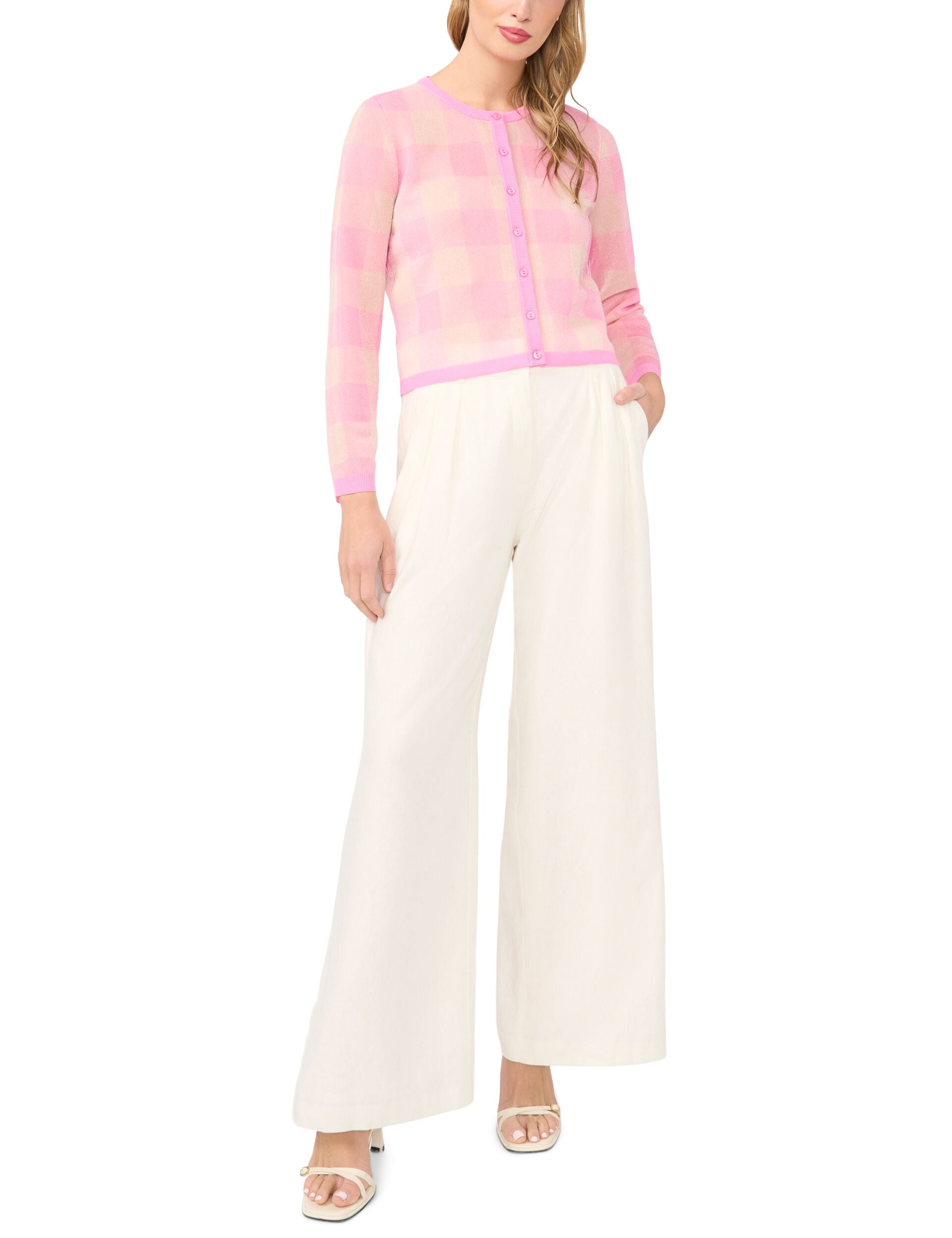 Ted Baker GRACIE Gingham Knit Crew Neck Cardigan MID PINK