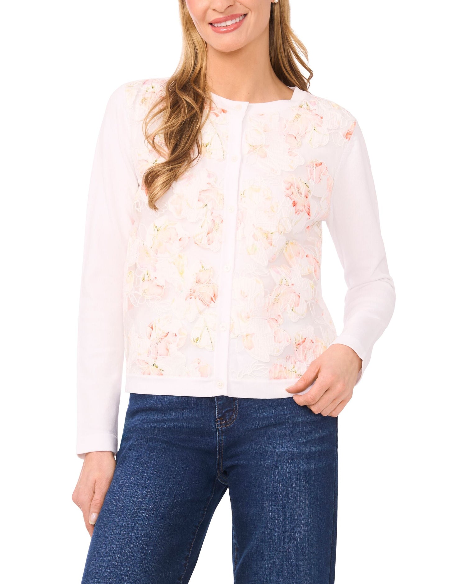 Ted Baker CASSIA Floral Overlay Crew Neck Cardigan WHITE