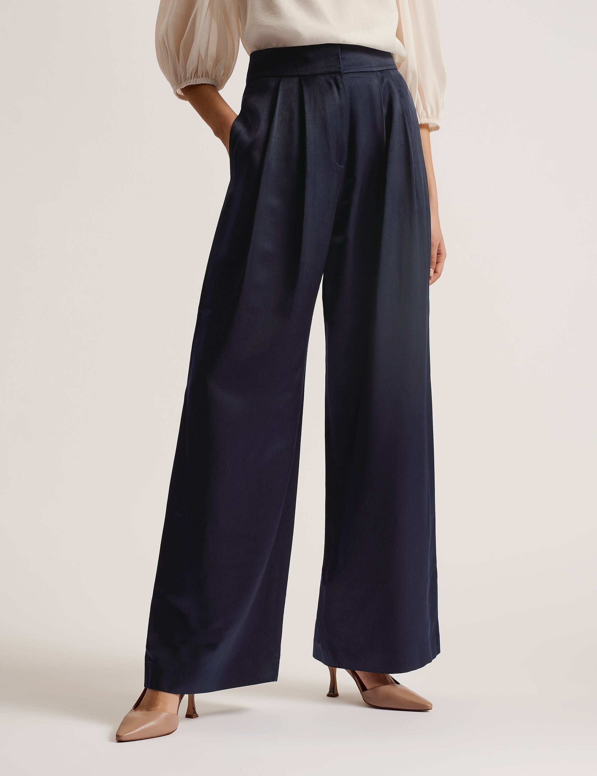 Ted Baker TEERUT - Satin Tailored Wide Flood Length Trousers NAVY