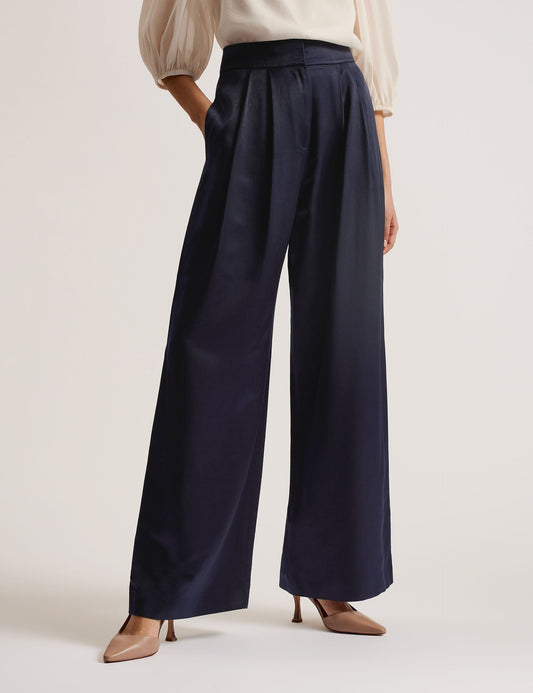 Ted Baker TEERUT - Satin Tailored Wide Flood Length Trousers NAVY