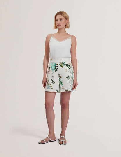 Ted Baker VYLLA - Floral High Waist Linen Shorts With Trim Detail WHITE