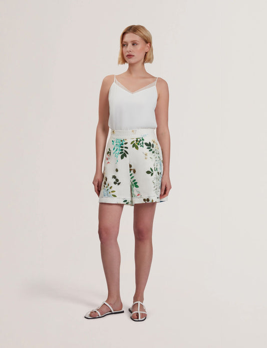 Ted Baker VYLLA - Floral High Waist Linen Shorts With Trim Detail WHITE