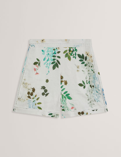 Ted Baker VYLLA - Floral High Waist Linen Shorts With Trim Detail WHITE