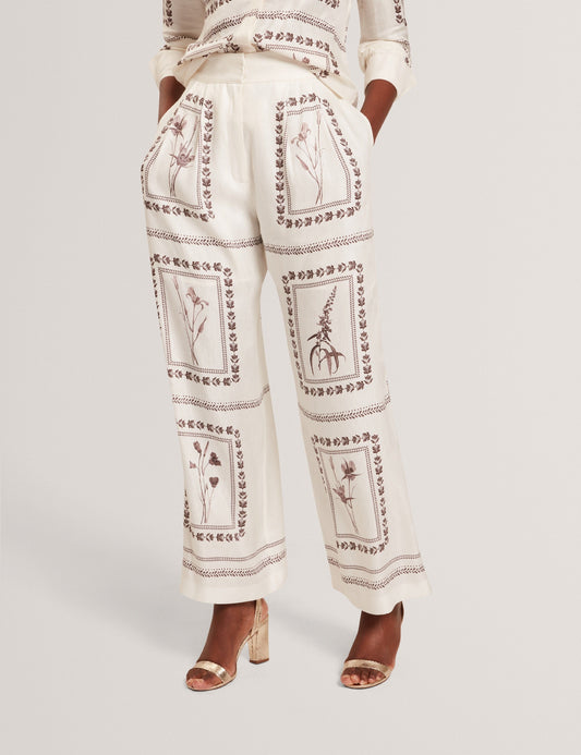 Ted Baker ORNITHA - Panel Print Silk Linen Wide Leg Trousers IVORY