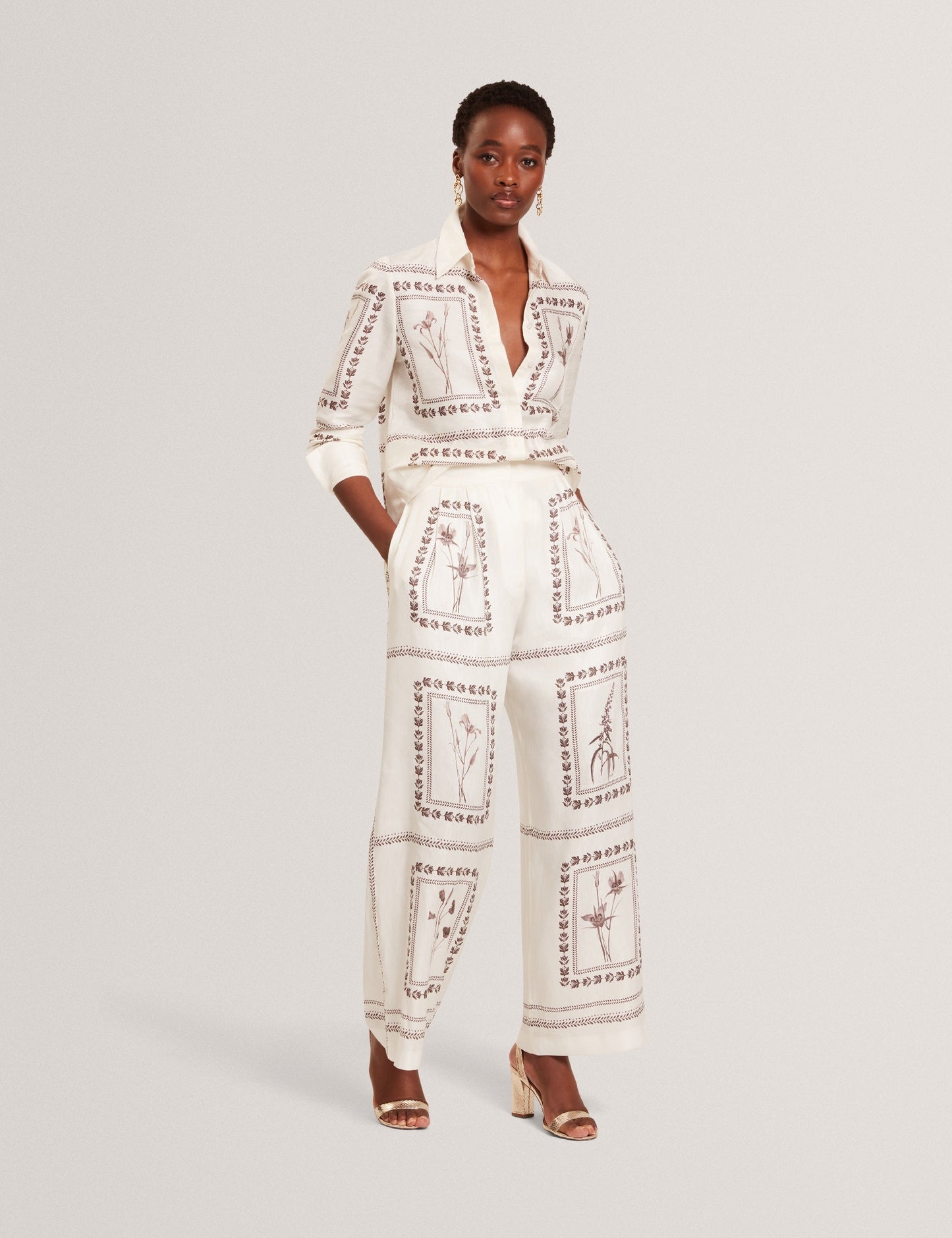 Ted Baker ORNITHA - Panel Print Silk Linen Wide Leg Trousers IVORY