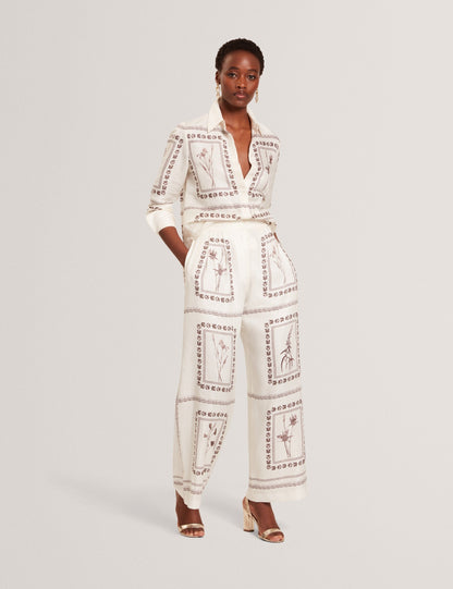 Ted Baker ORNITHA - Panel Print Silk Linen Wide Leg Trousers IVORY