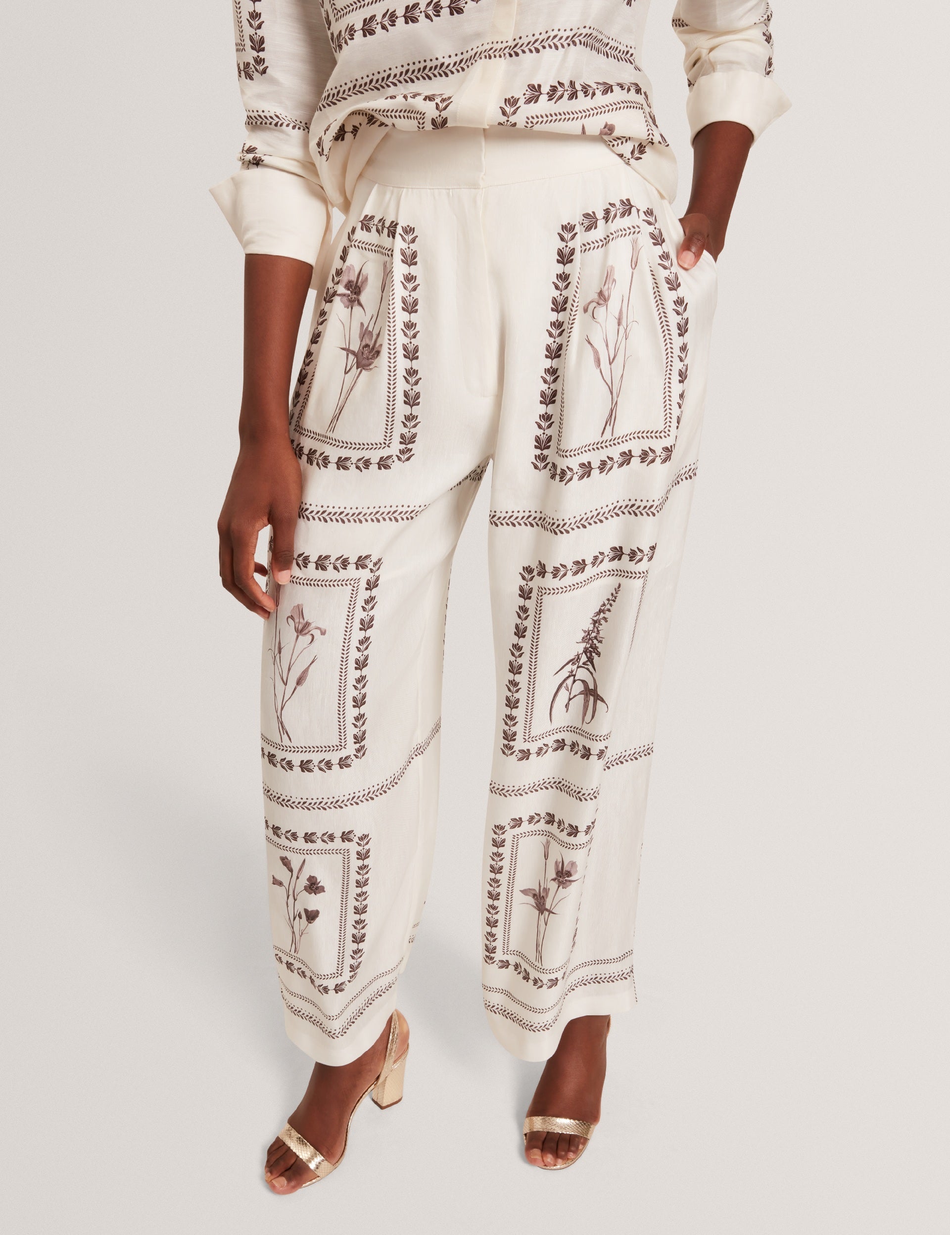 Ted Baker ORNITHA - Panel Print Silk Linen Wide Leg Trousers IVORY