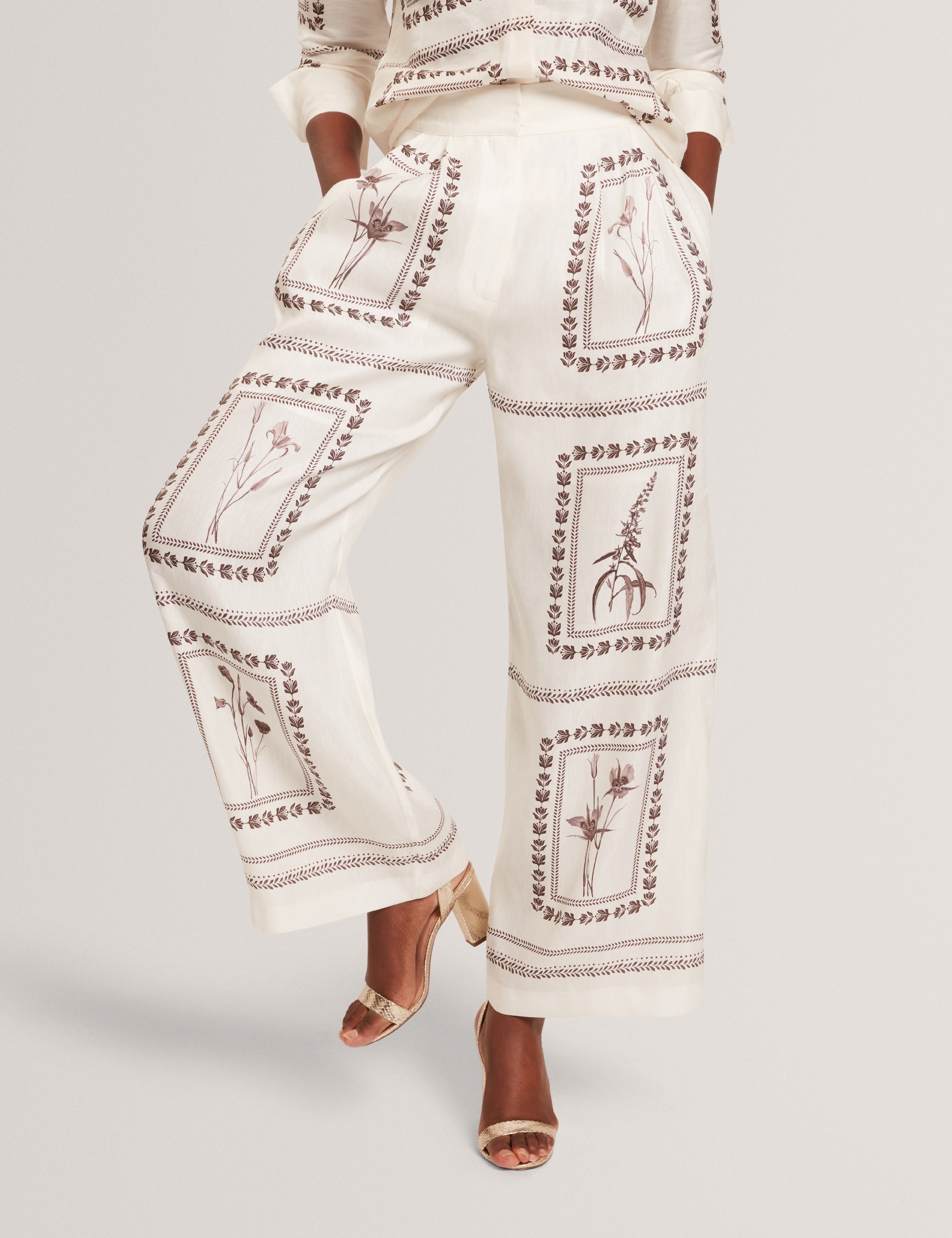 Ted Baker ORNITHA - Panel Print Silk Linen Wide Leg Trousers IVORY