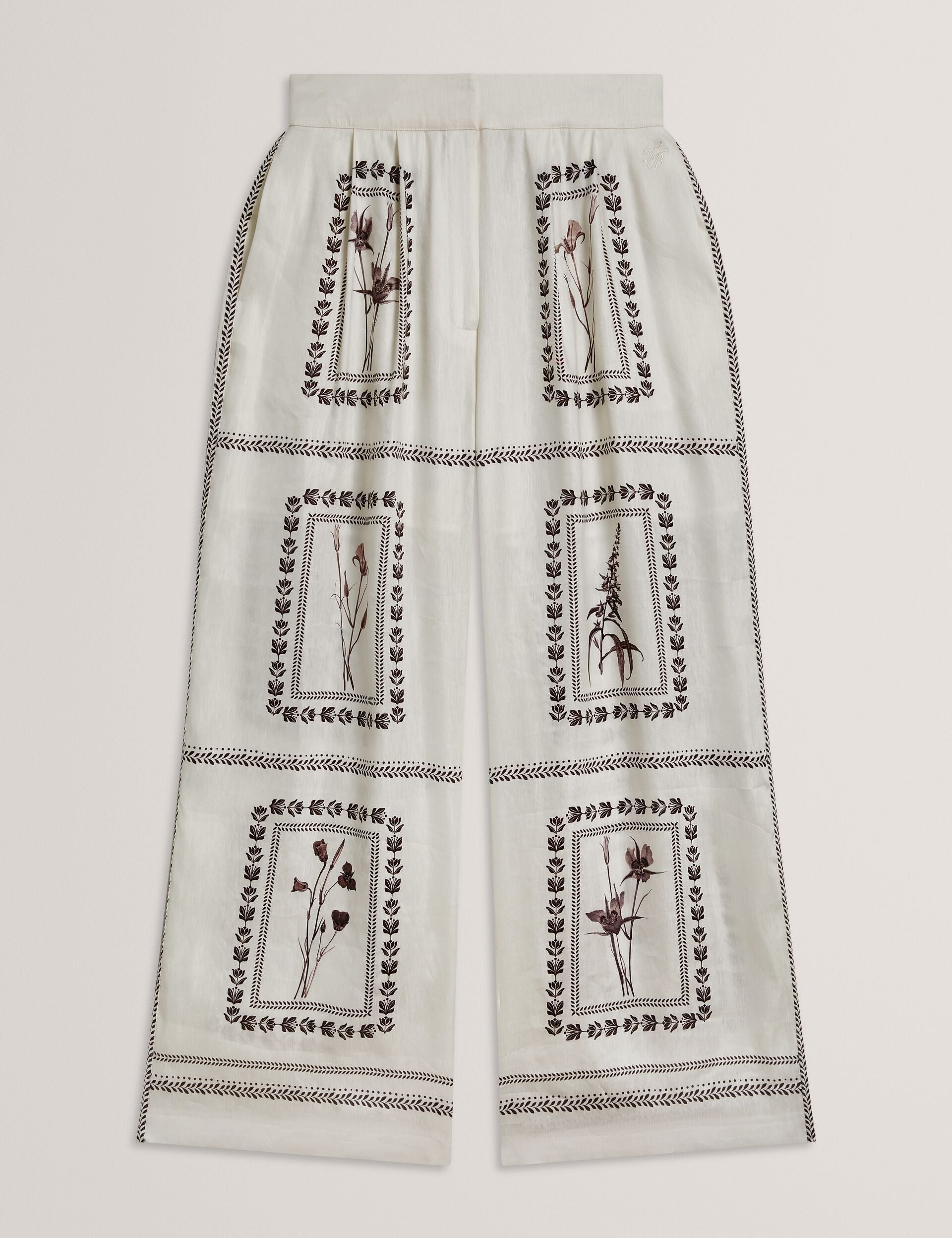 Ted Baker ORNITHA - Panel Print Silk Linen Wide Leg Trousers IVORY