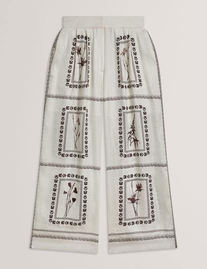 Ted Baker ORNITHA - Panel Print Silk Linen Wide Leg Trousers IVORY