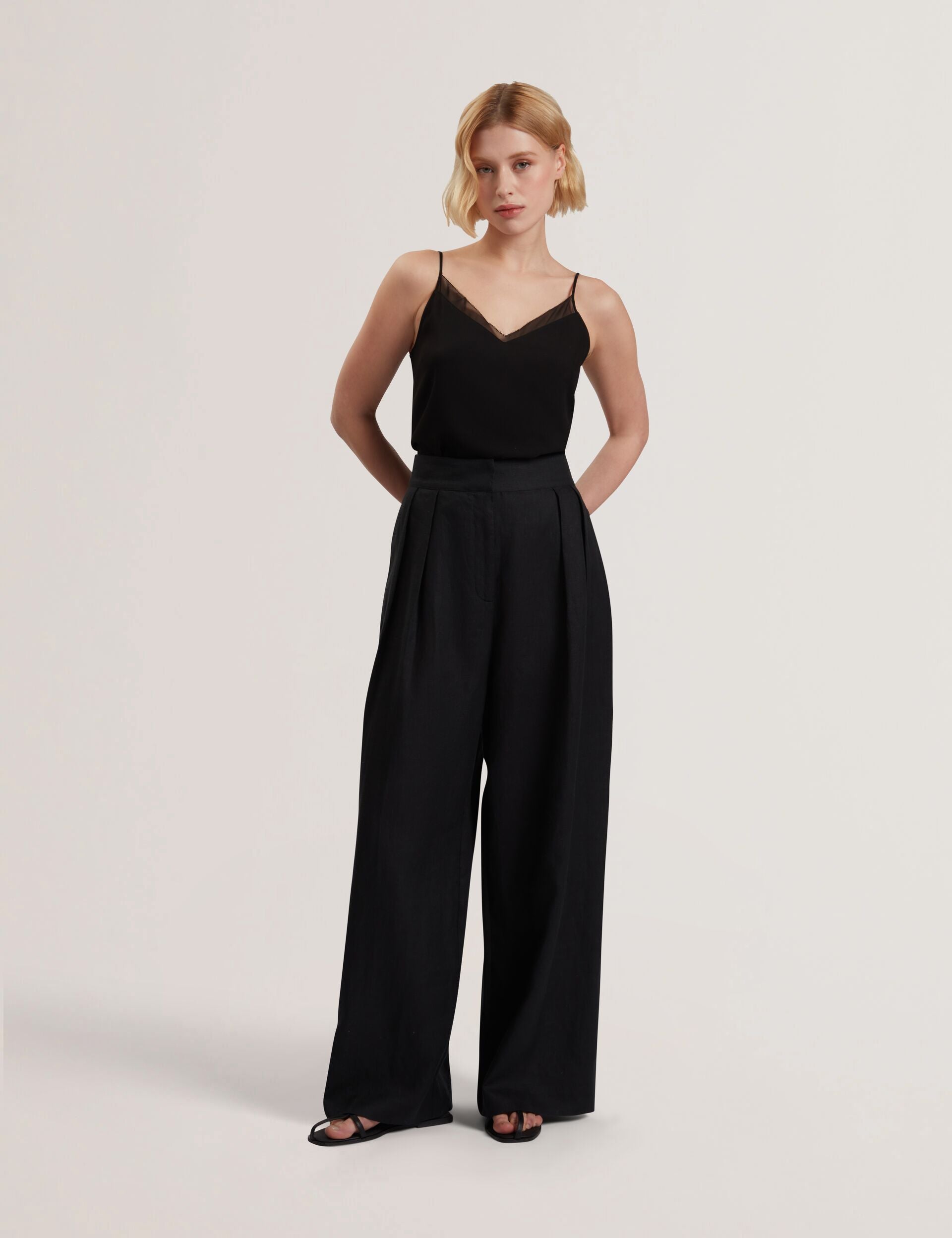 Ted Baker KYFAAT - Pure Linen Tailored Wide Leg Trousers BLACK