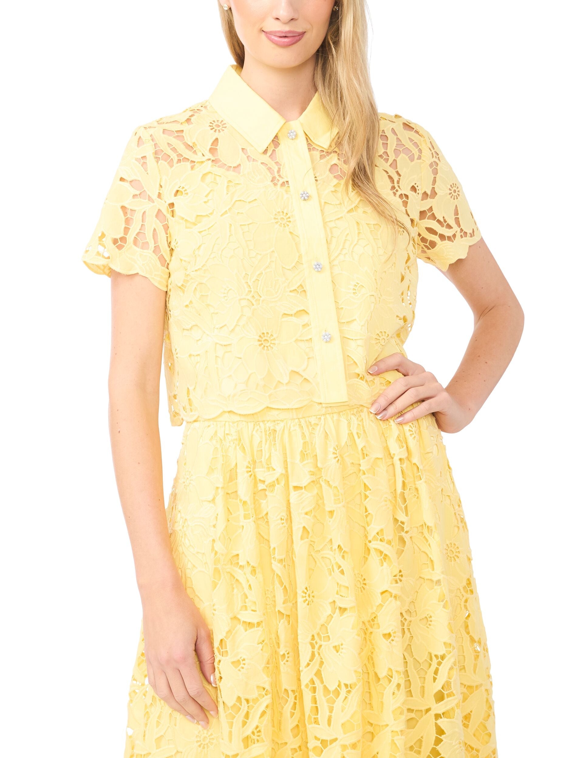 Ted Baker MICAH Lace Cropped Short Sleeve Shirt LIGHT YELLOW