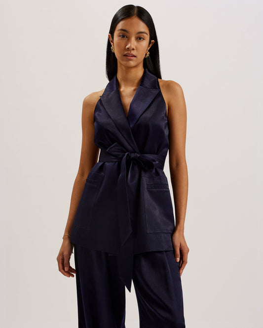 Ted Baker TEERU - Tailored Satin Longline Waistcoat with Belt NAVY