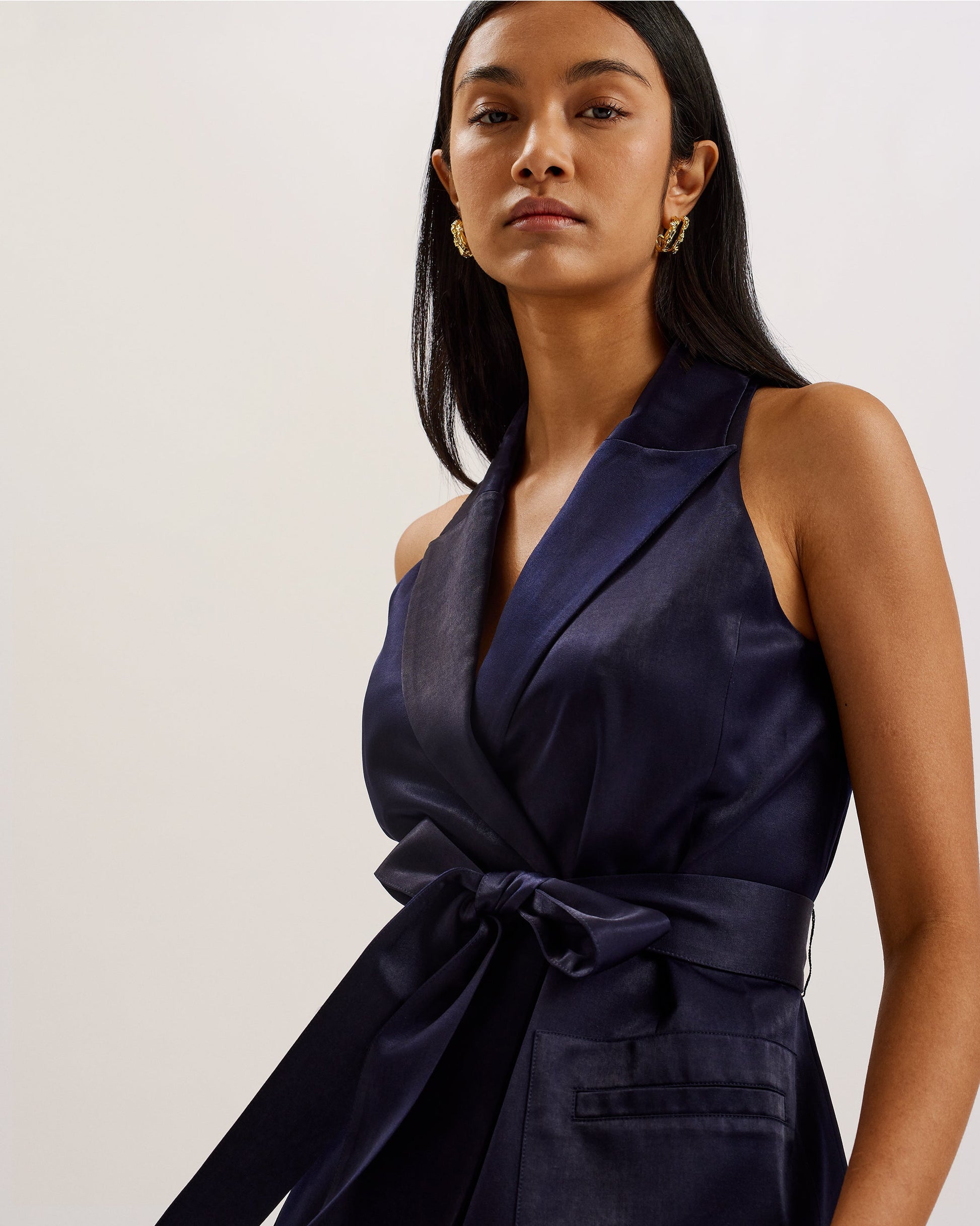 Ted Baker TEERU - Tailored Satin Longline Waistcoat with Belt NAVY