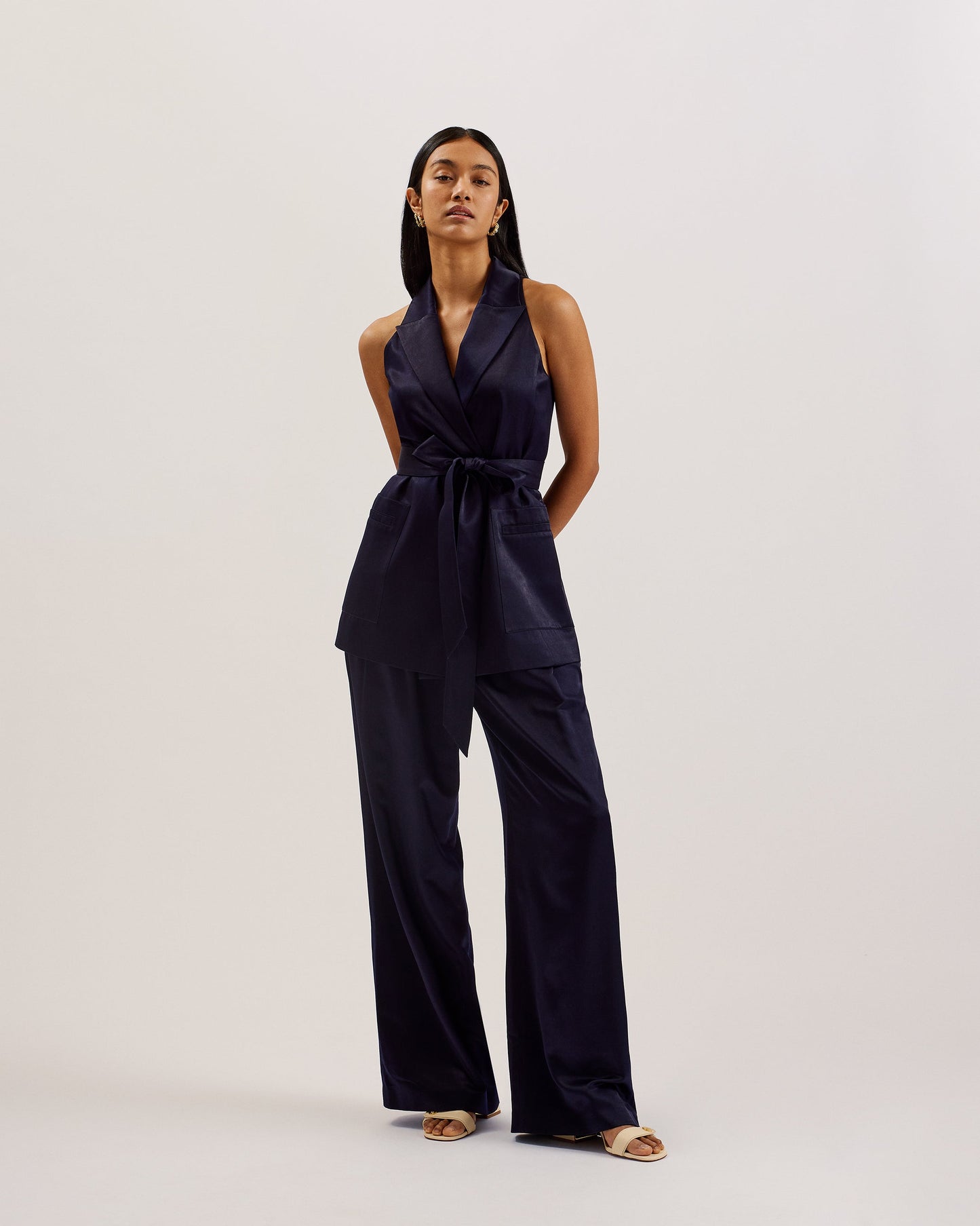 Ted Baker TEERU - Tailored Satin Longline Waistcoat with Belt NAVY