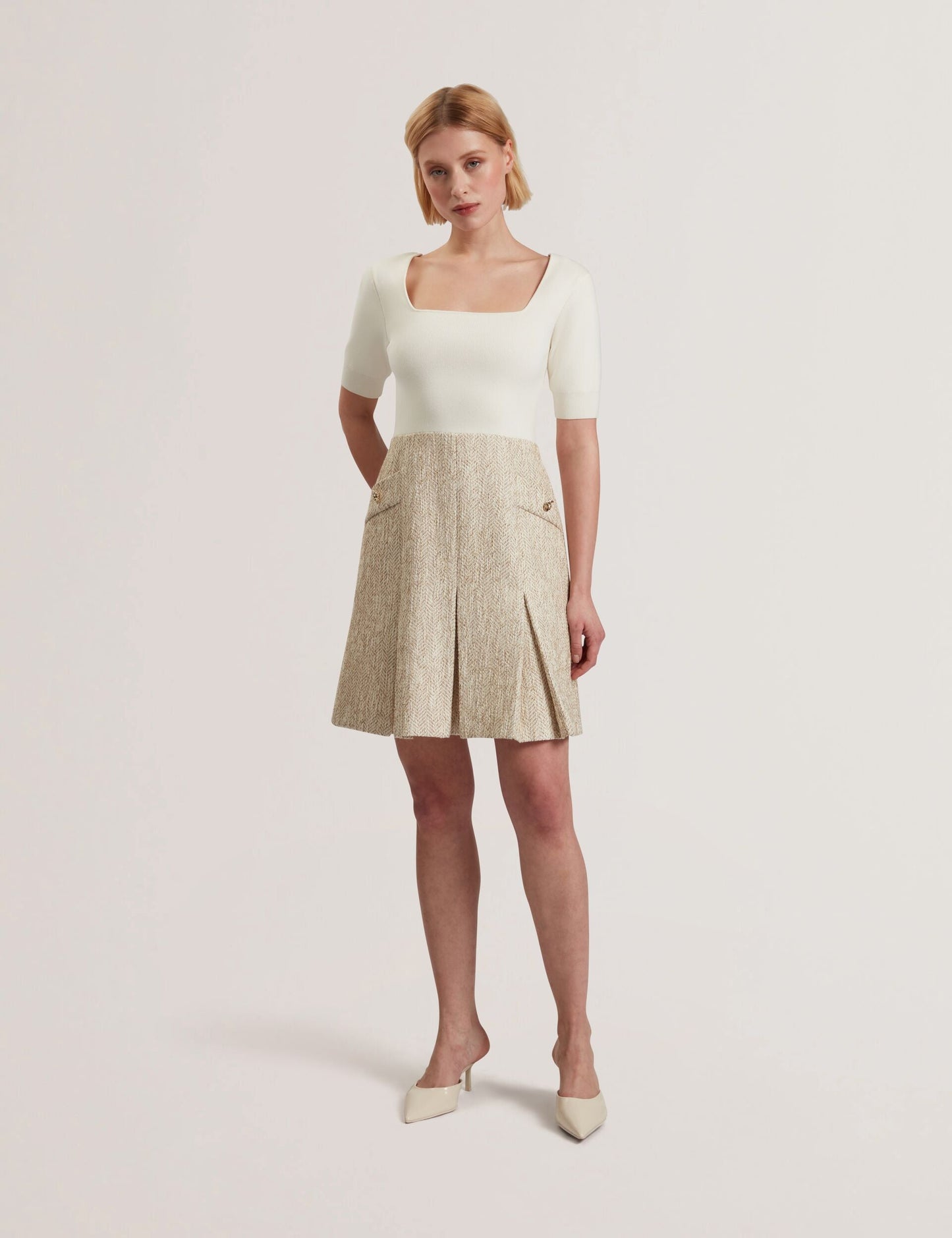 Ted Baker VULPAD - Pleated Boucle Mini Dress With Knit Bodice IVORY