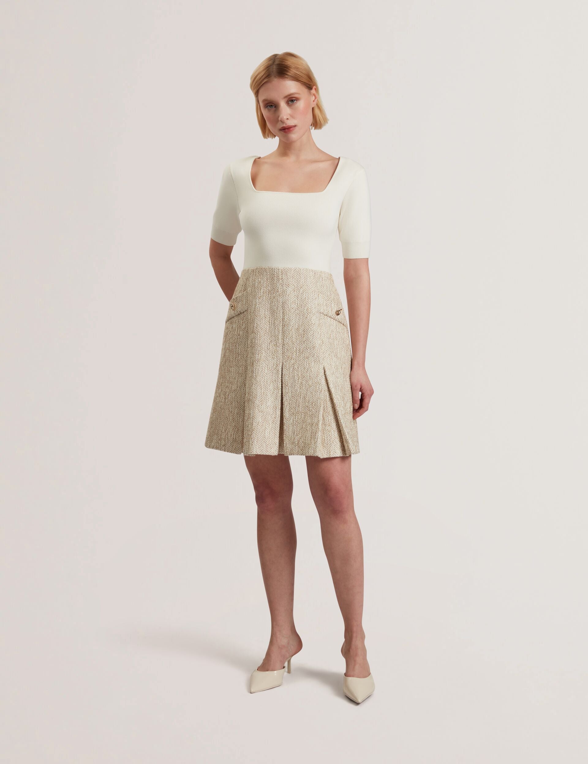 Ted Baker VULPAD - Pleated Boucle Mini Dress With Knit Bodice IVORY