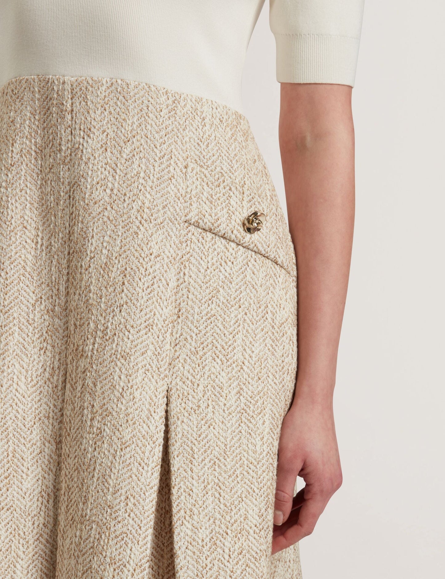 Ted Baker VULPAD - Pleated Boucle Mini Dress With Knit Bodice IVORY