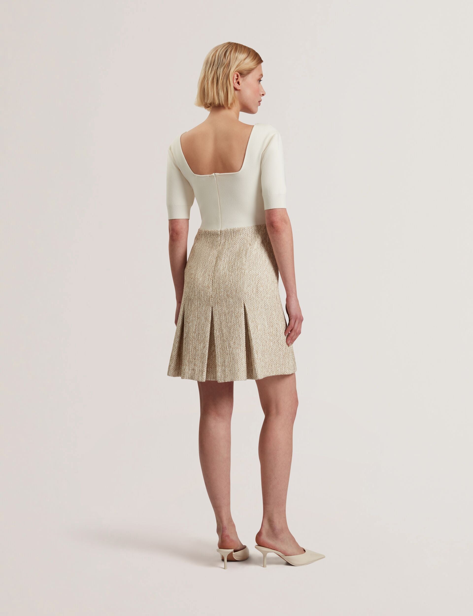 Ted Baker VULPAD - Pleated Boucle Mini Dress With Knit Bodice IVORY