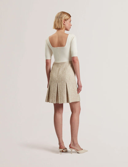 Ted Baker VULPAD - Pleated Boucle Mini Dress With Knit Bodice IVORY