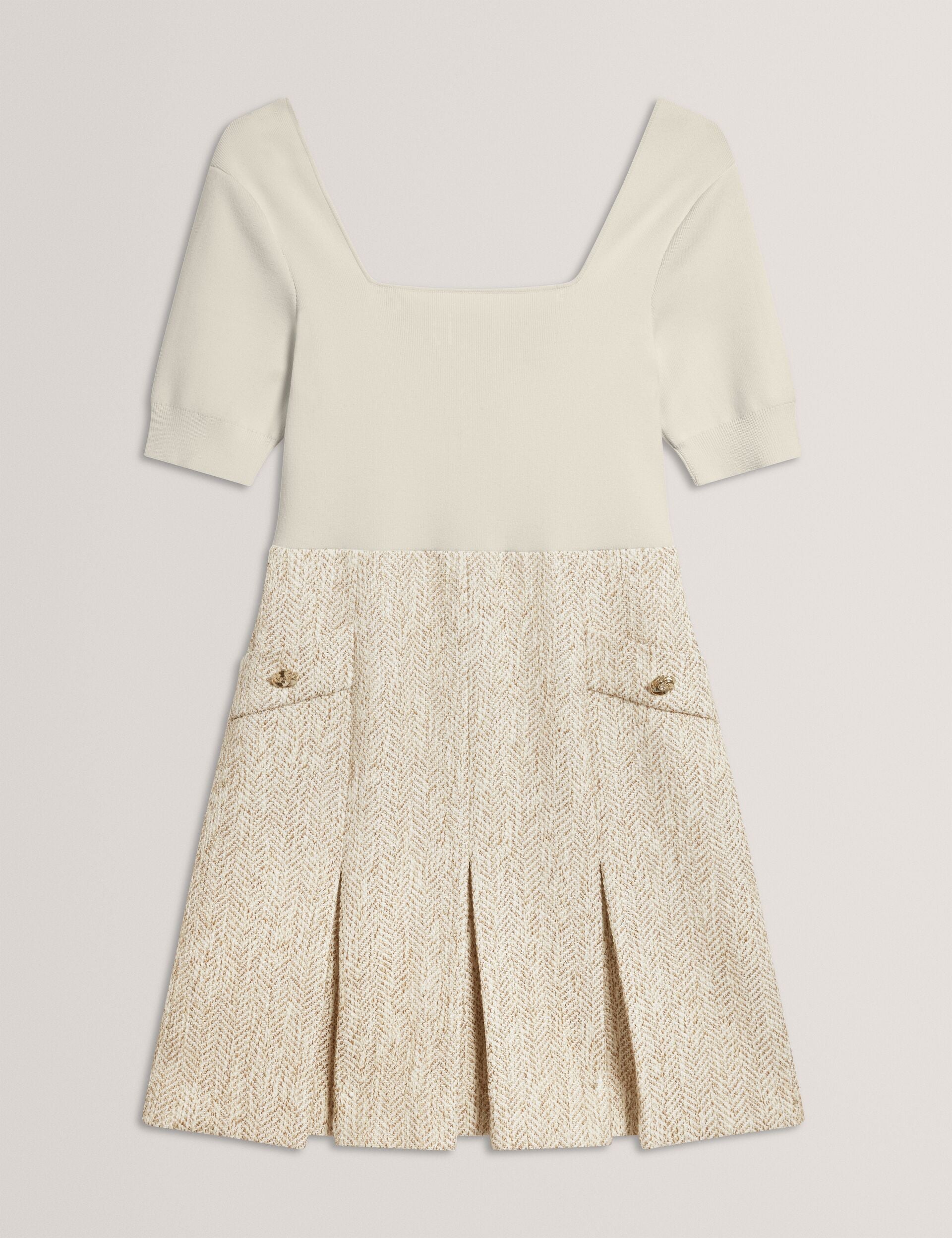 Ted Baker VULPAD - Pleated Boucle Mini Dress With Knit Bodice IVORY