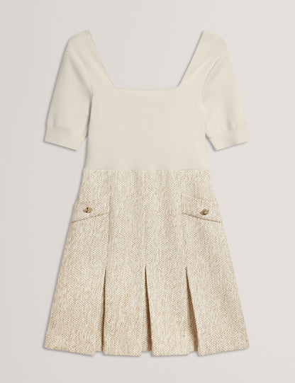 Ted Baker VULPAD - Pleated Boucle Mini Dress With Knit Bodice IVORY