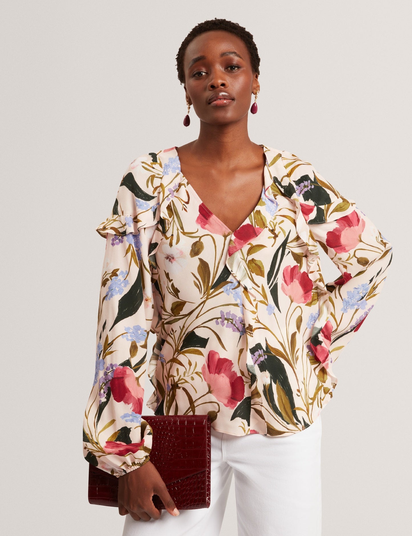 Ted Baker MINASA - Floral Print Frill Trim Long Sleeve Blouse PALE PINK