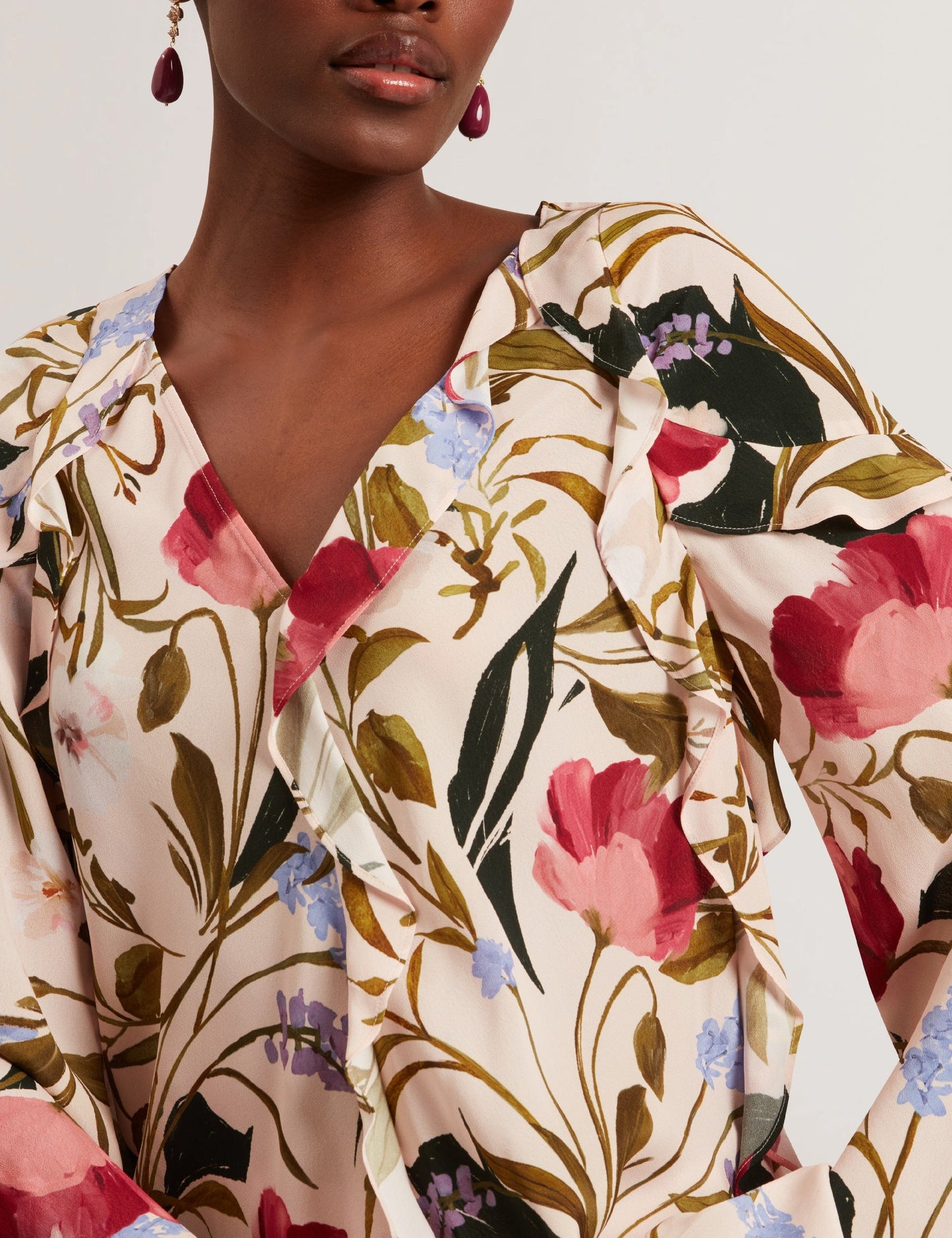 Ted Baker MINASA - Floral Print Frill Trim Long Sleeve Blouse PALE PINK