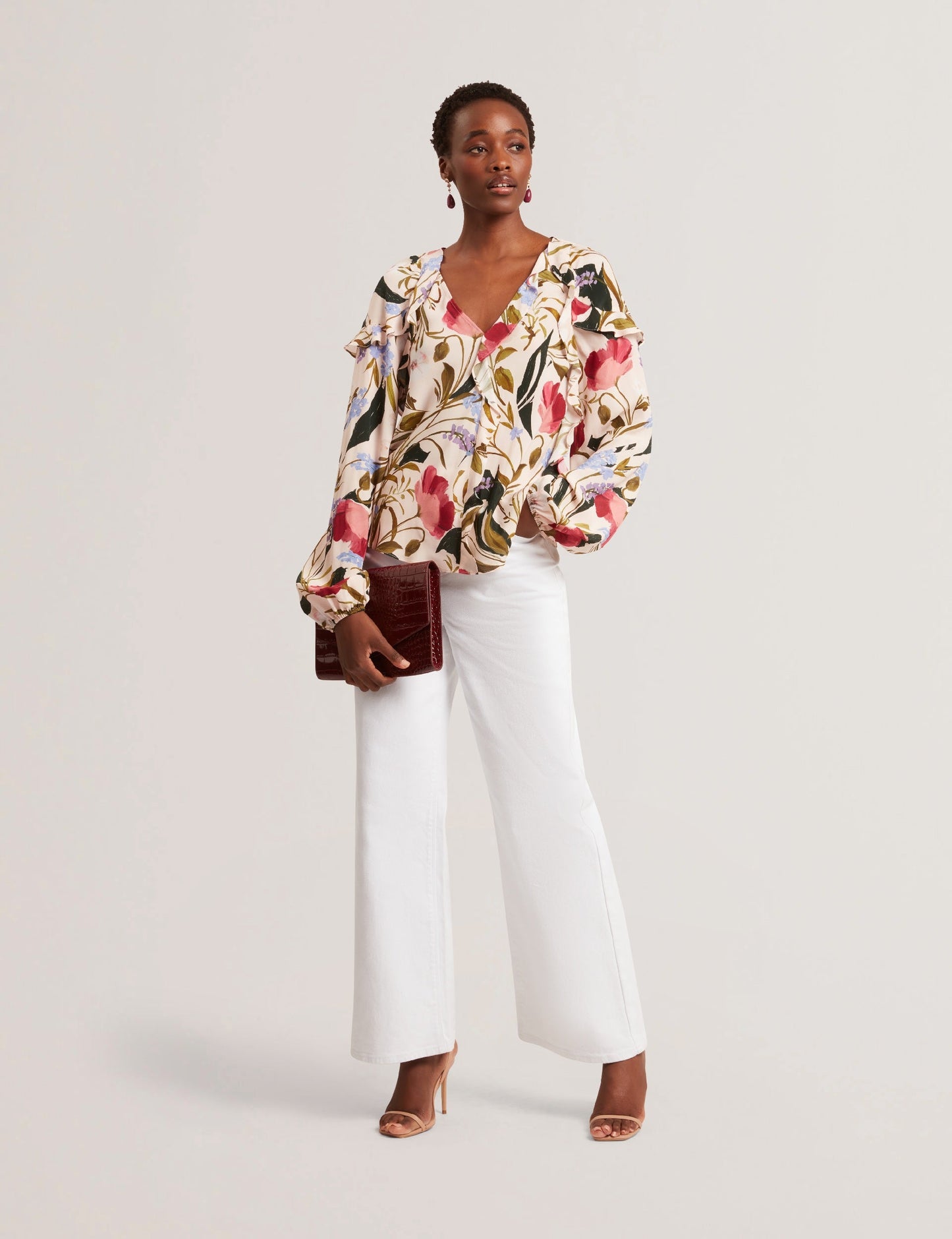 Ted Baker MINASA - Floral Print Frill Trim Long Sleeve Blouse PALE PINK