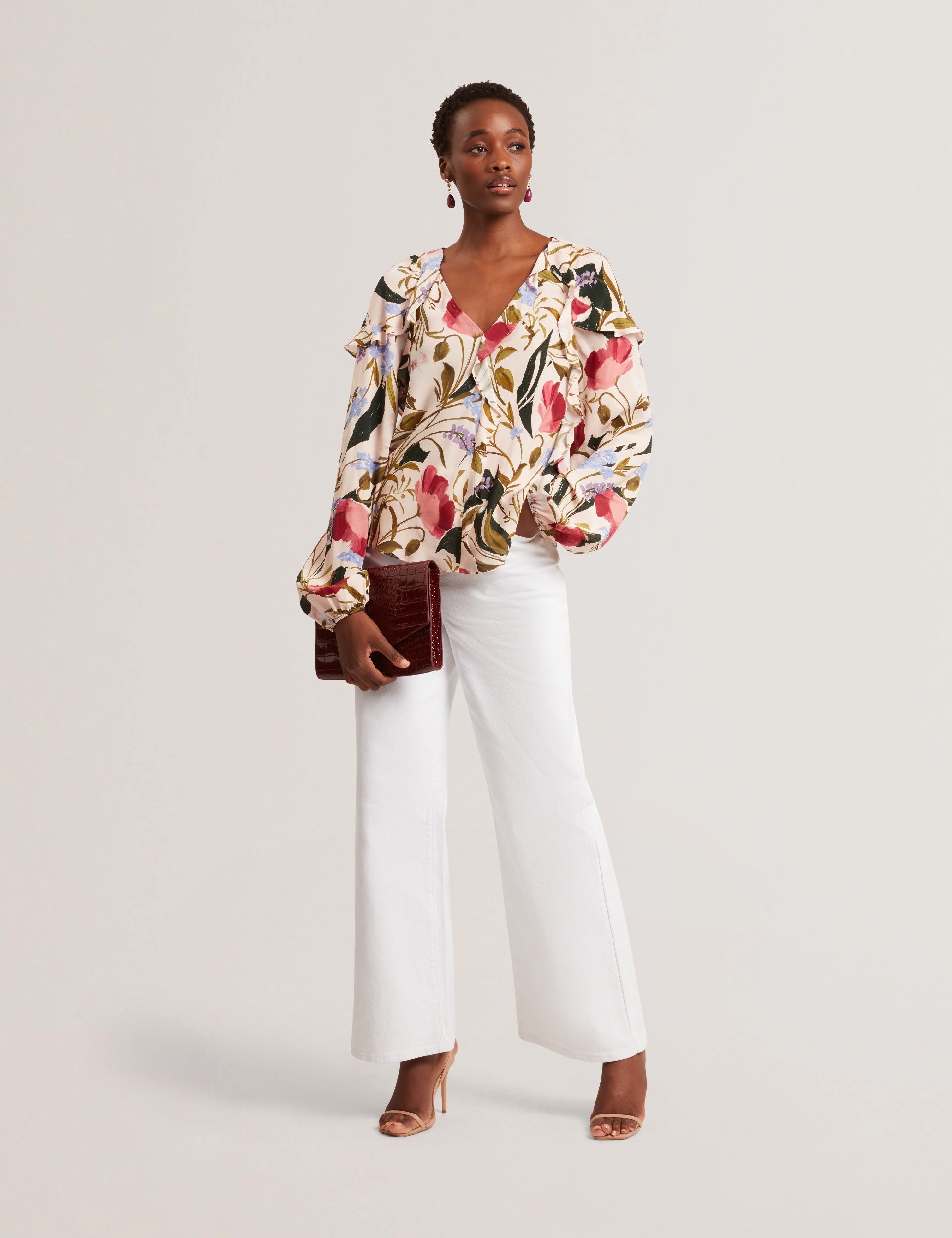 Ted Baker MINASA - Floral Print Frill Trim Long Sleeve Blouse PALE PINK