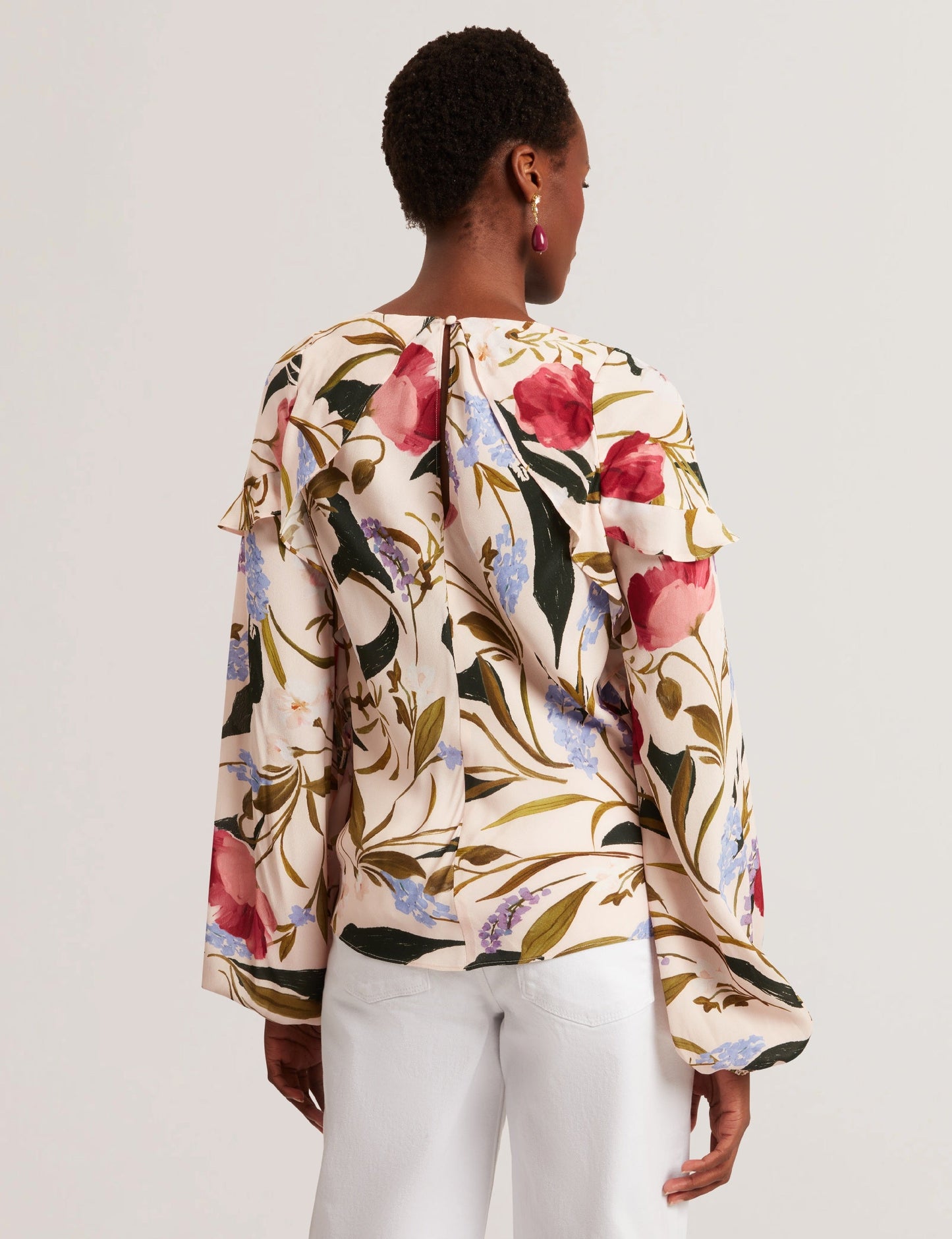 Ted Baker MINASA - Floral Print Frill Trim Long Sleeve Blouse PALE PINK