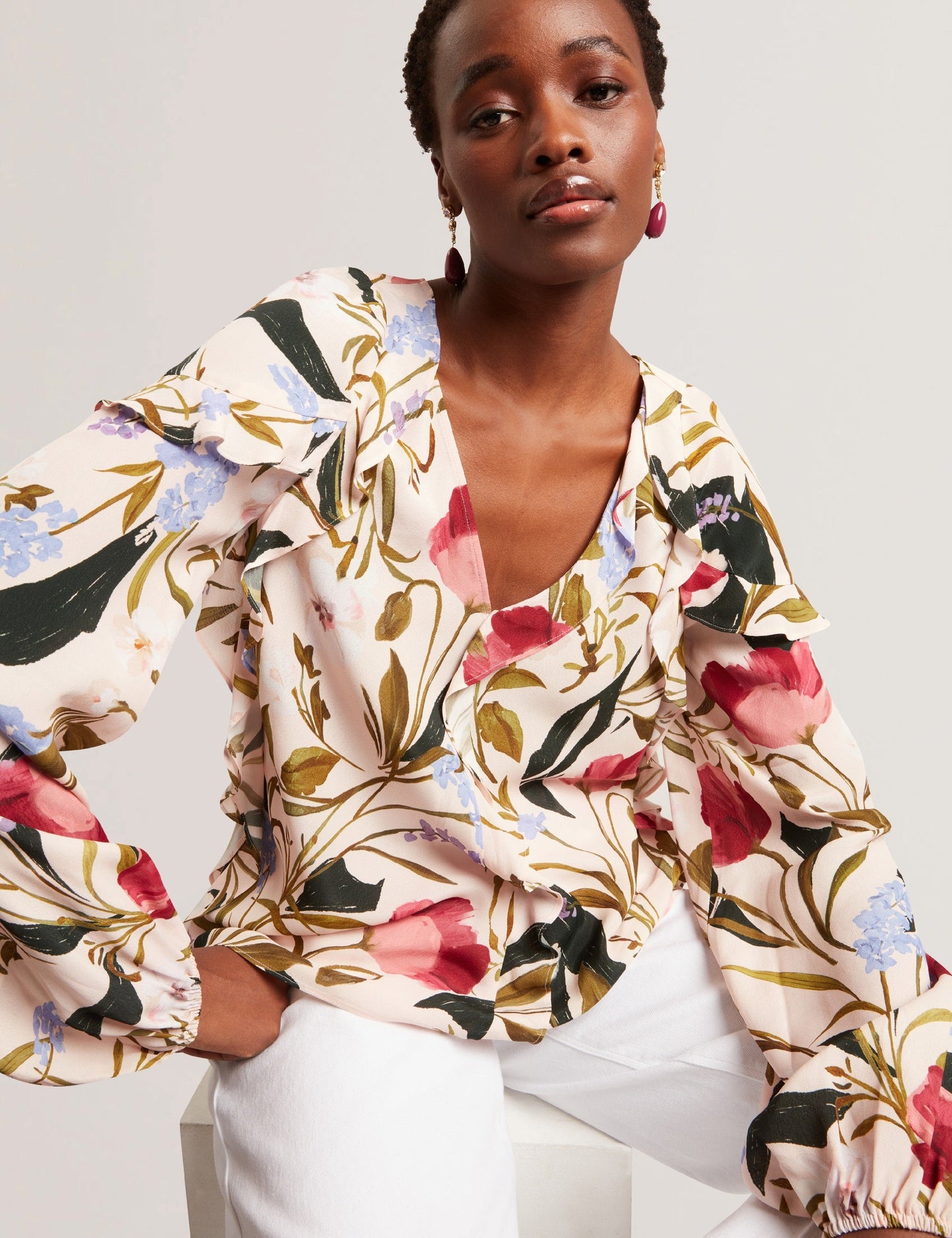 Ted Baker MINASA - Floral Print Frill Trim Long Sleeve Blouse PALE PINK