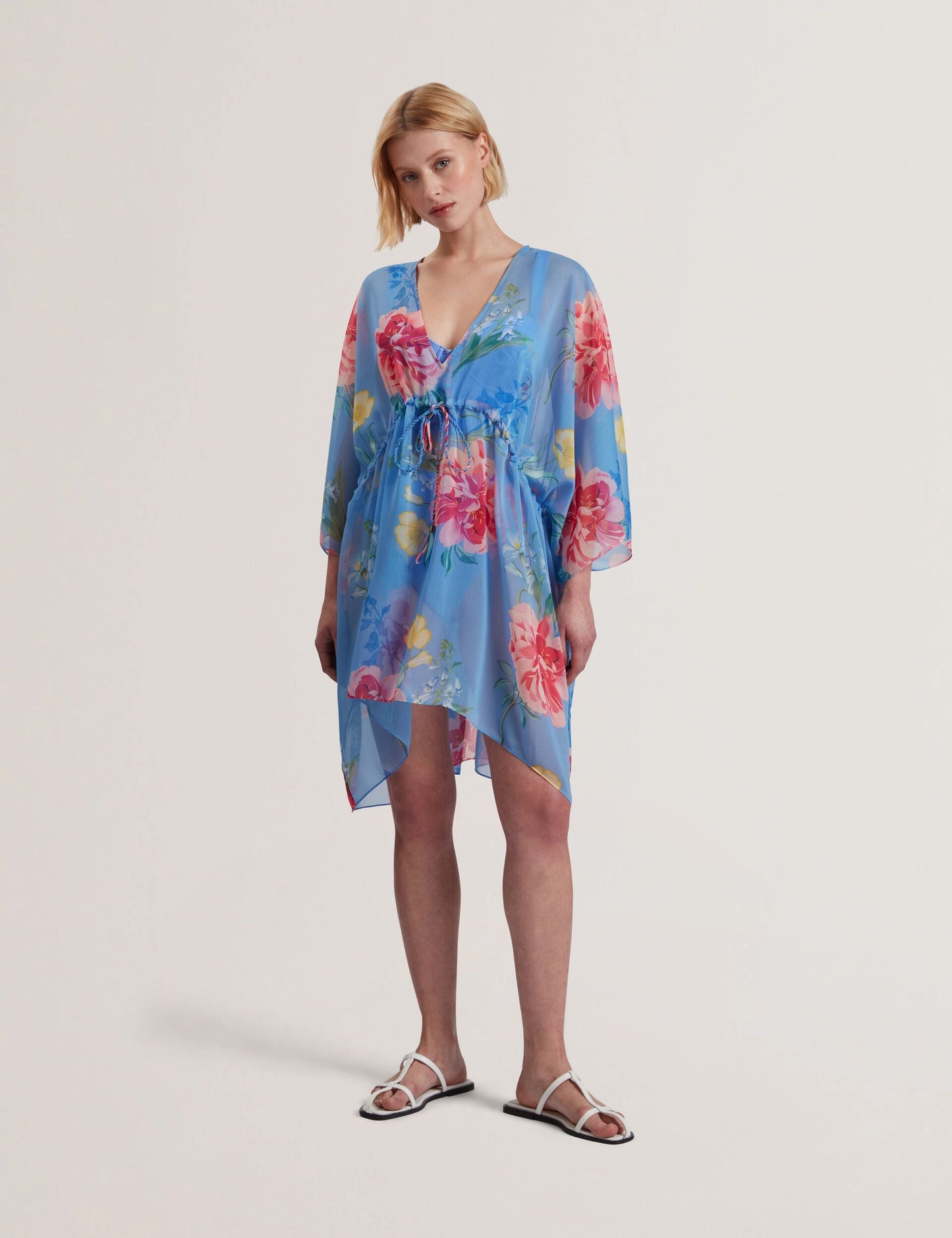 Ted Baker LARJA - Floral Print Chiffon Mini Beach Kaftan BRIGHT BLUE