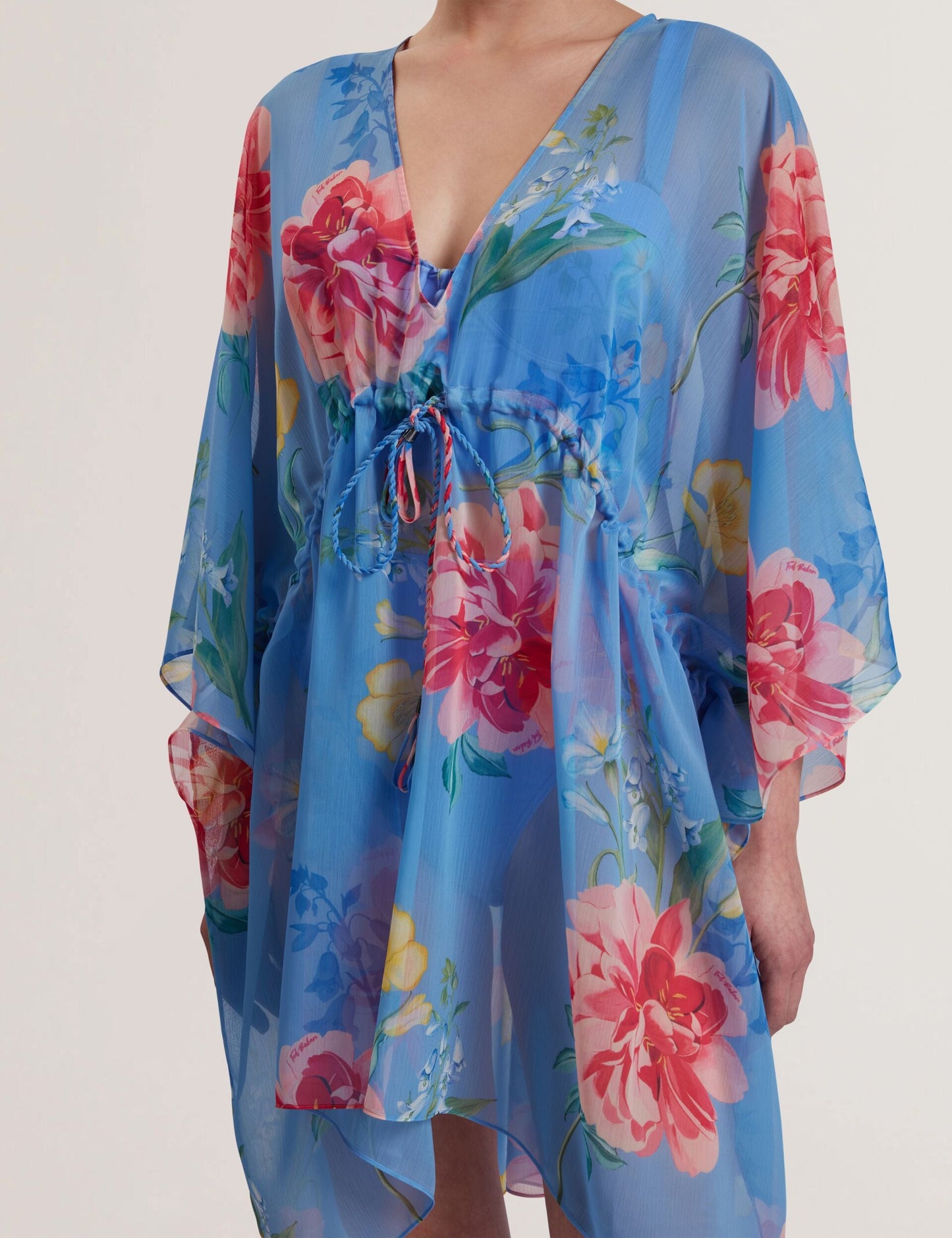 Ted Baker LARJA - Floral Print Chiffon Mini Beach Kaftan BRIGHT BLUE