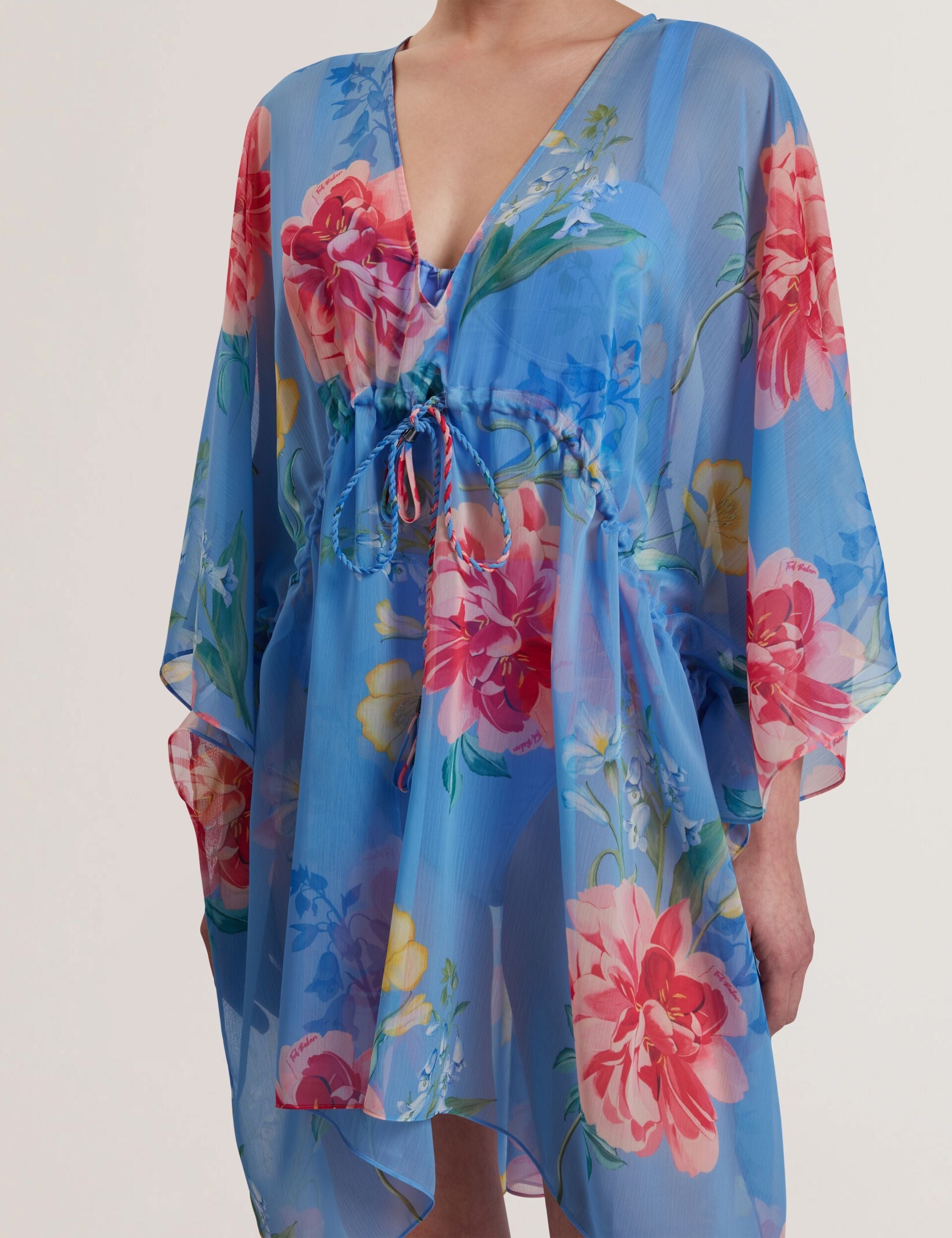 Ted Baker LARJA - Floral Print Chiffon Mini Beach Kaftan BRIGHT BLUE