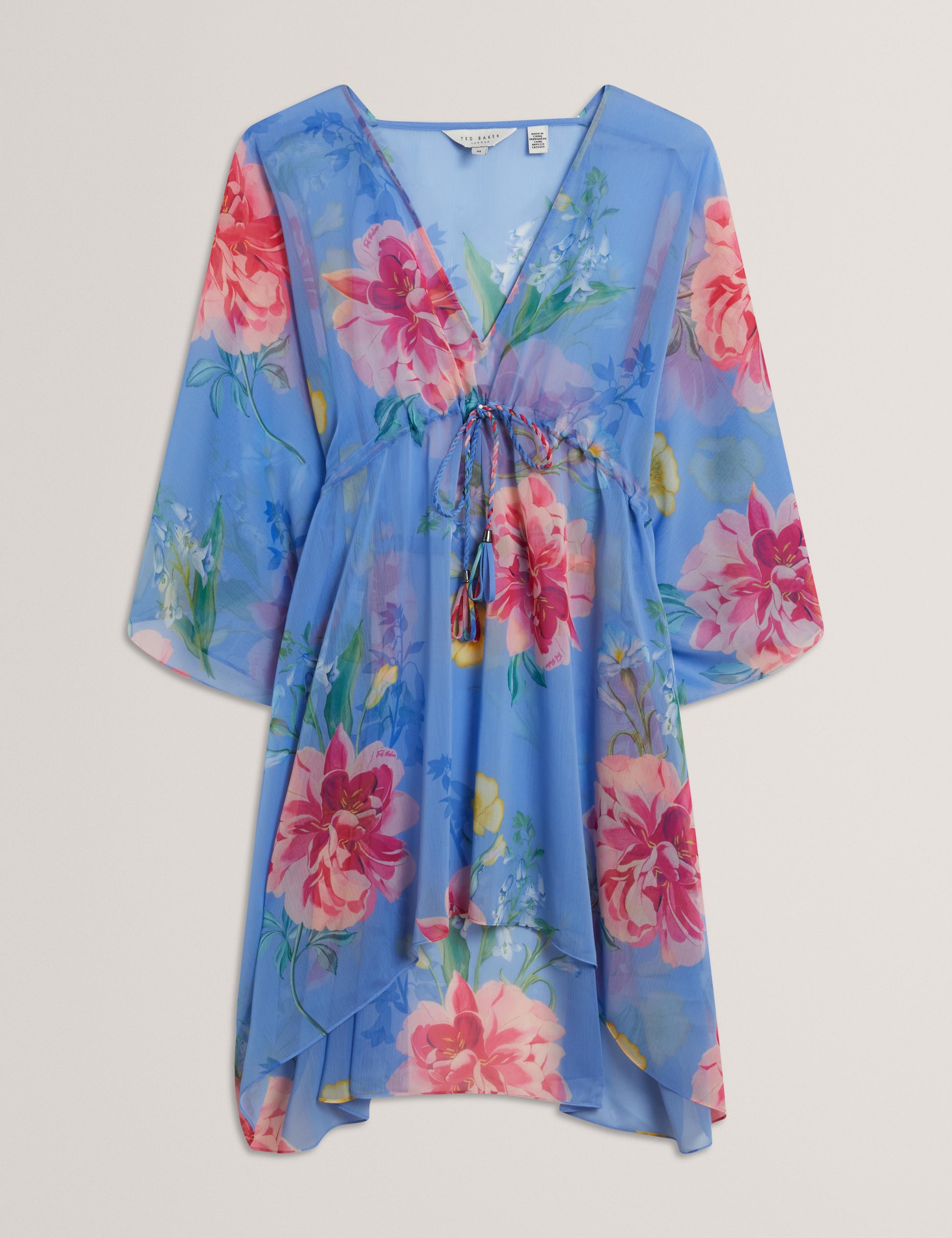 Ted Baker LARJA - Floral Print Chiffon Mini Beach Kaftan BRIGHT BLUE