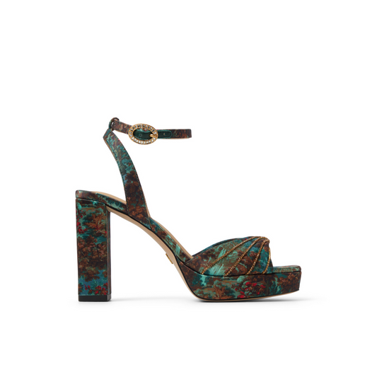 Ted Baker MADDY RUCHE - Printed Satin Block Heeled Sandals OLIVE
