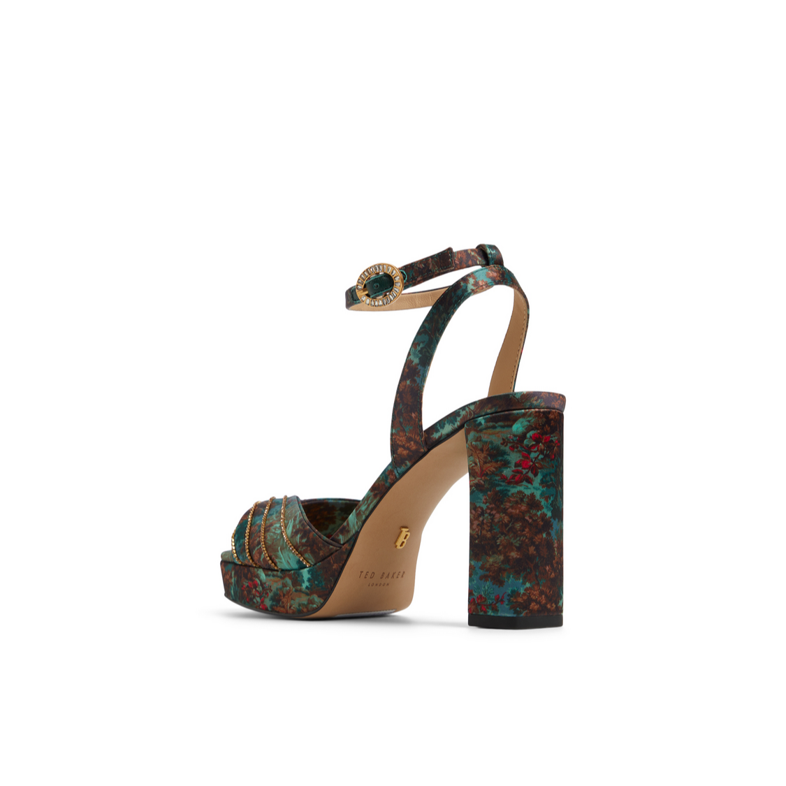 Ted Baker MADDY RUCHE - Printed Satin Block Heeled Sandals OLIVE