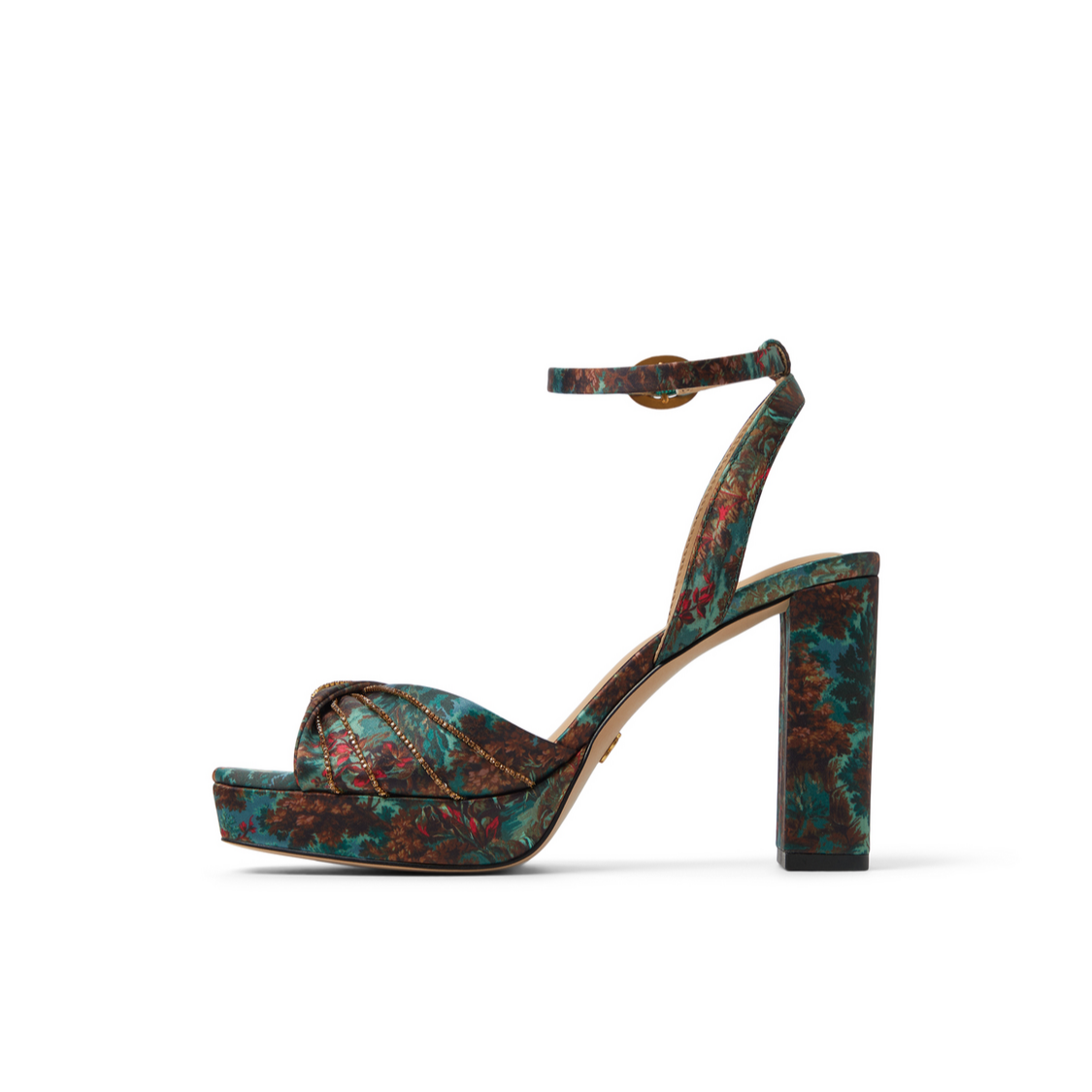 Ted Baker MADDY RUCHE - Printed Satin Block Heeled Sandals OLIVE