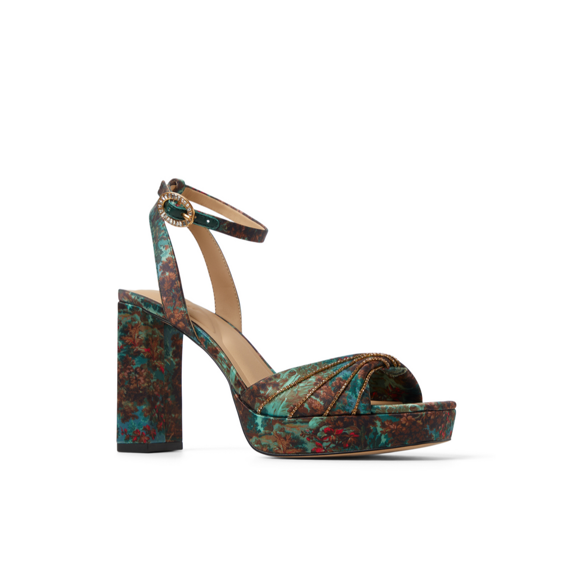 Ted Baker MADDY RUCHE - Printed Satin Block Heeled Sandals OLIVE