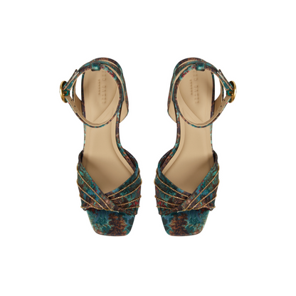 Ted Baker MADDY RUCHE - Printed Satin Block Heeled Sandals OLIVE