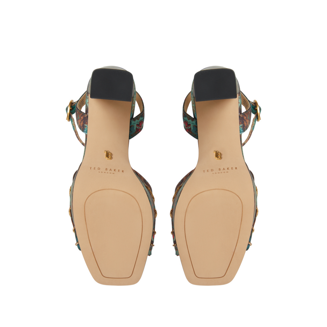 Ted Baker MADDY RUCHE - Printed Satin Block Heeled Sandals OLIVE