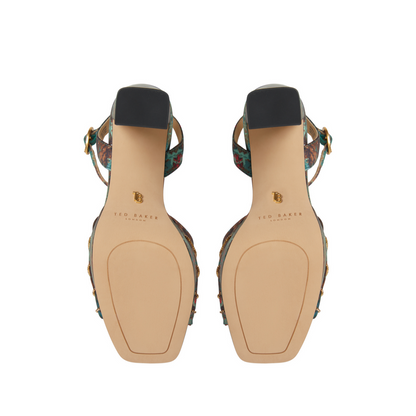 Ted Baker MADDY RUCHE - Printed Satin Block Heeled Sandals OLIVE
