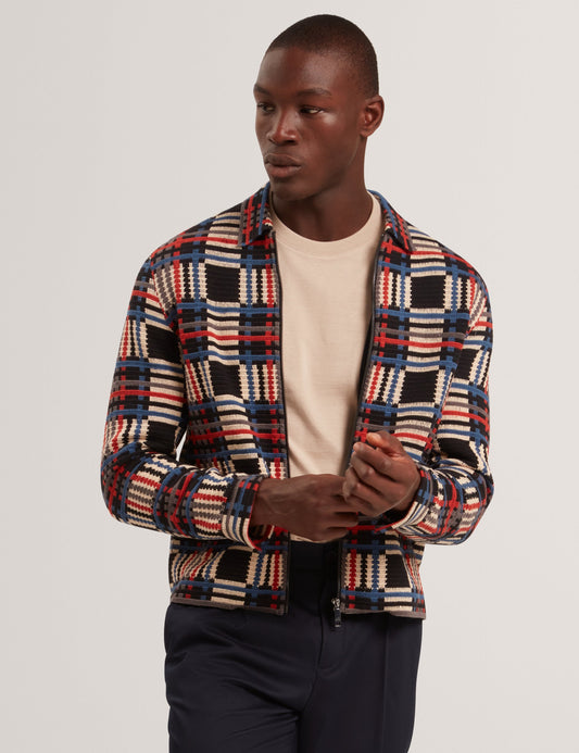 Ted Baker HENREIN Pure Cotton Patchwork Knit Zip Jacket MULTICOLOUR