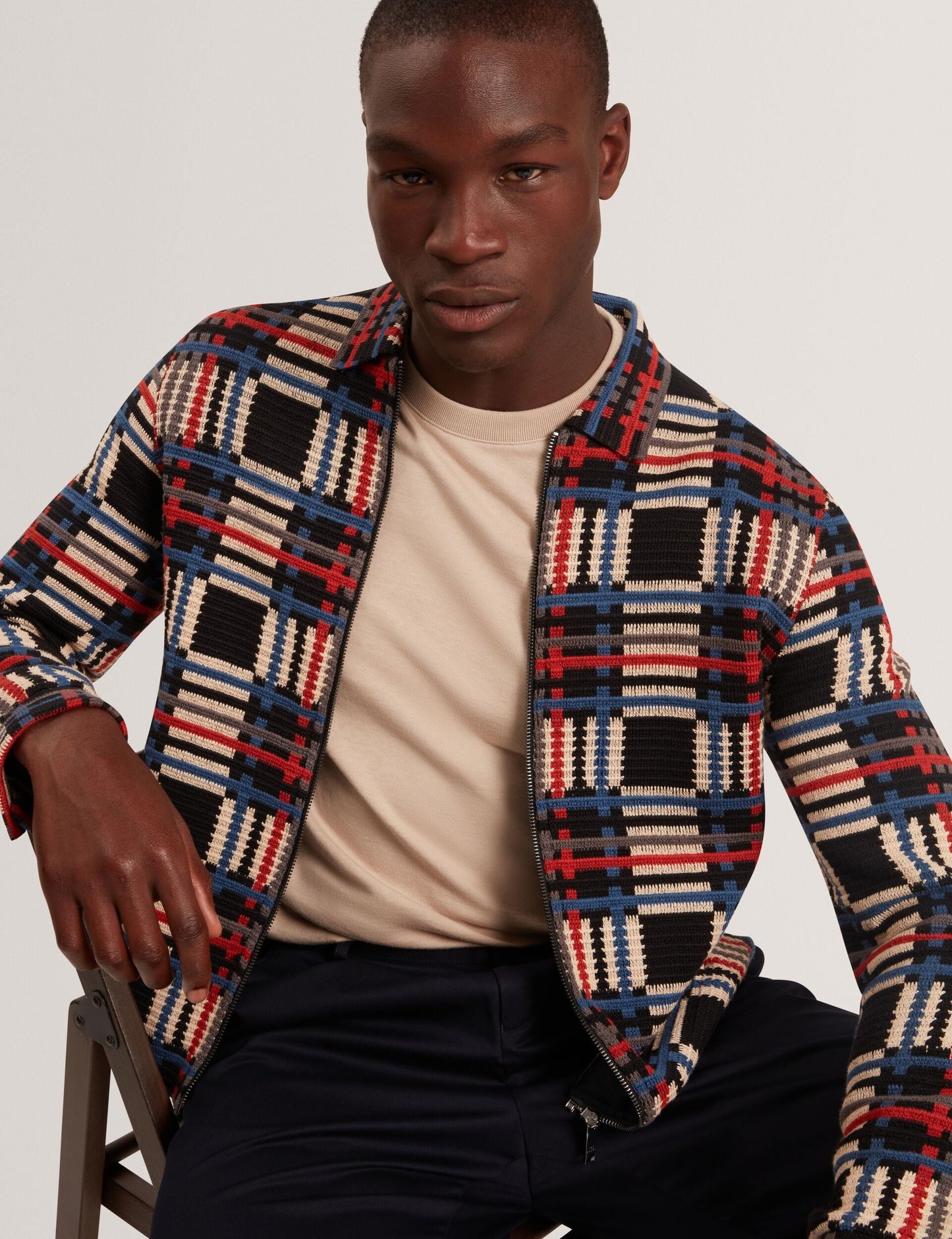 Ted Baker HENREIN Pure Cotton Patchwork Knit Zip Jacket MULTICOLOUR