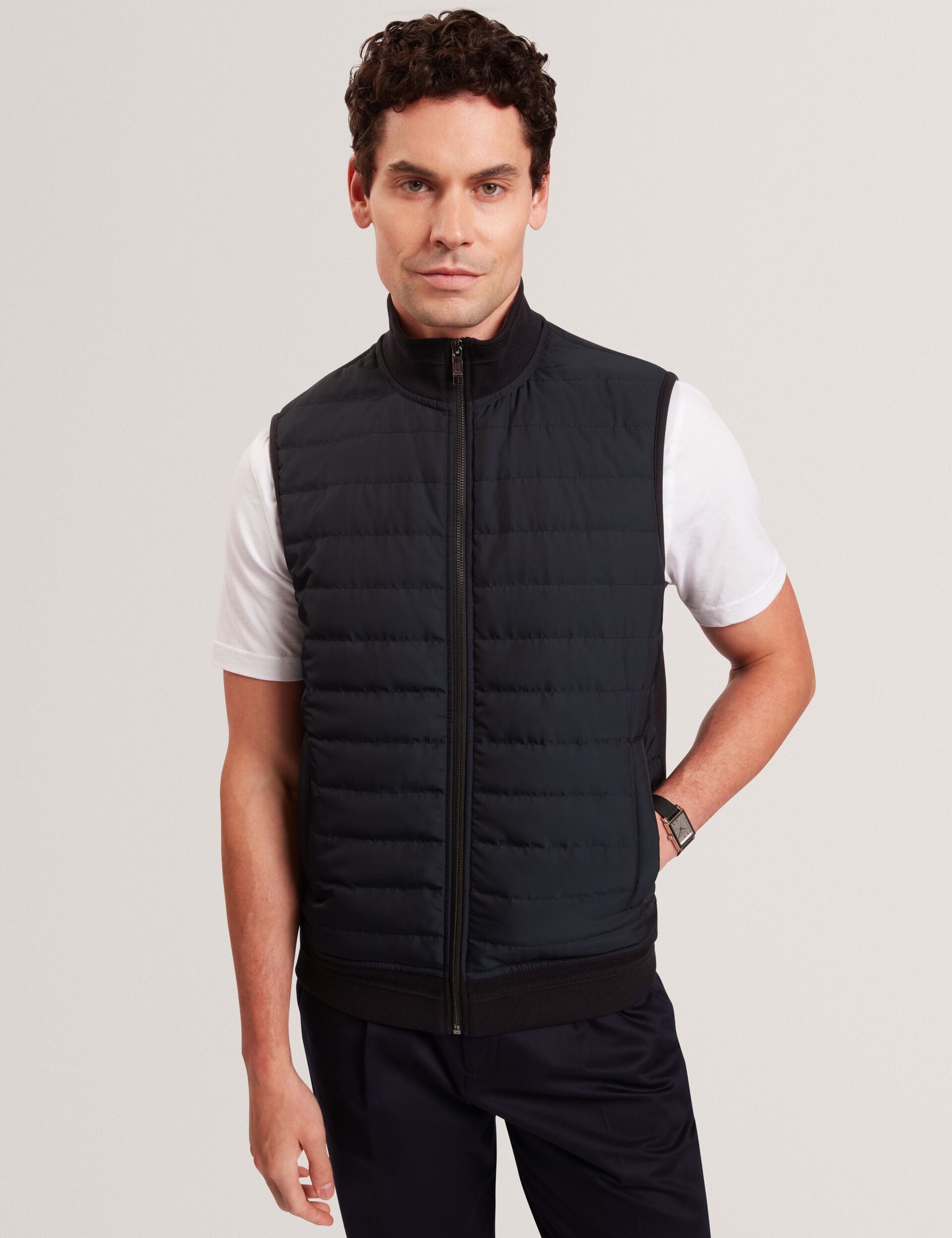 Ted Baker PAFAVOR Quilted Front Funnel Neck Zip-Up Gilet NAVY